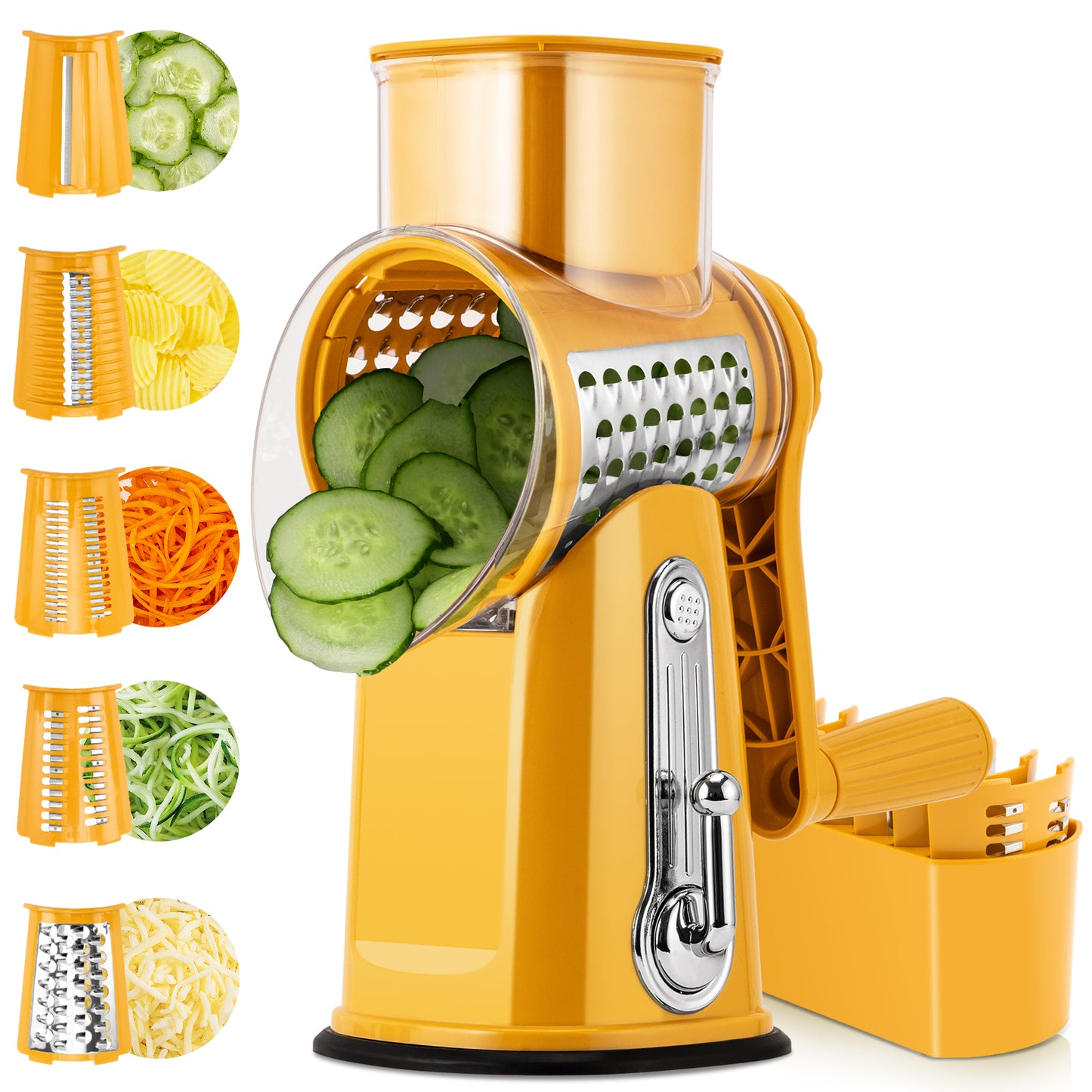 Pukomc Rotary Cheese Grater with Handle - Food Shredder with 5 Well-designed Blades & Strong Suction Base,Round Mandoline Slicer & Vegetable Grater for Kitchen,1 Bonus Blade Storage Box