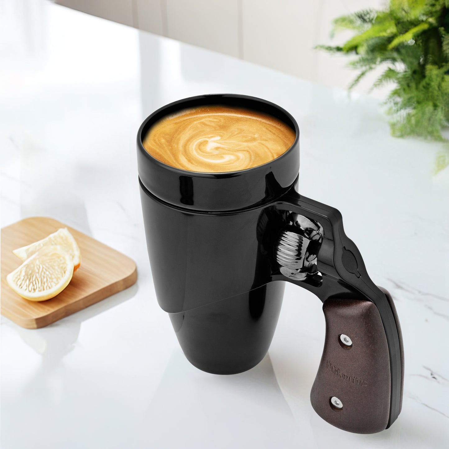 Pukomc Coffee Cup with Rotatable Wooden Handle, Ceramic Leak-Proof and Scalding-Proof Cup, 16 Ounces Beverage Drinkware Glass Reusable Reuse