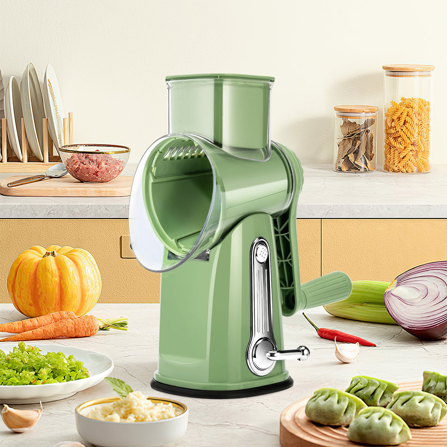 Pukomc Rotary Cheese Grater with Handle - Food Shredder with 5 Well-designed Blades & Strong Suction Base,Round Mandoline Slicer & Vegetable Grater for Kitchen,1 Bonus Blade Storage Box