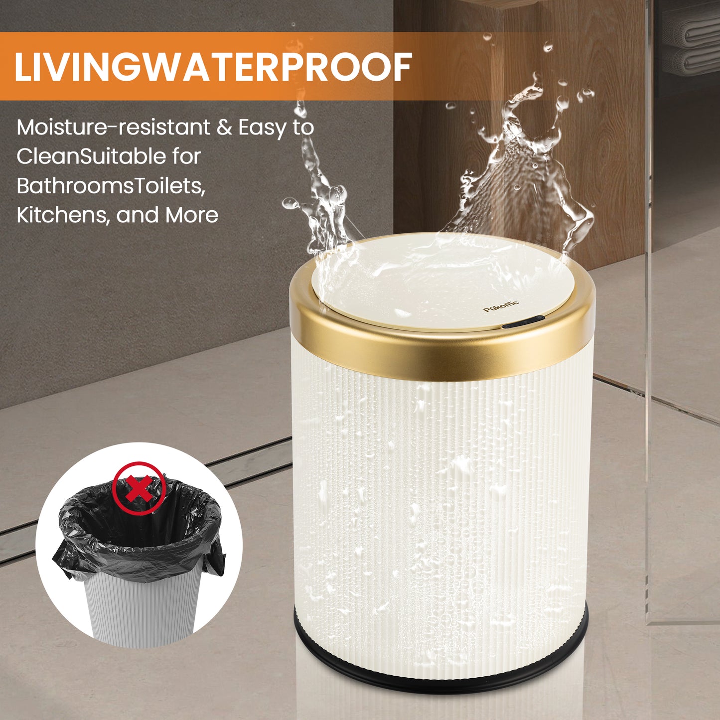 Pukomc Bathroom Trash Can with Lid,3.5 Gallon Motion Sensor Waterproof Touchless Garbage Can, Smart Plastic Trash Bins Suitable for Kitchen, Bathroom, Bedroom, Living Room, Office Beige
