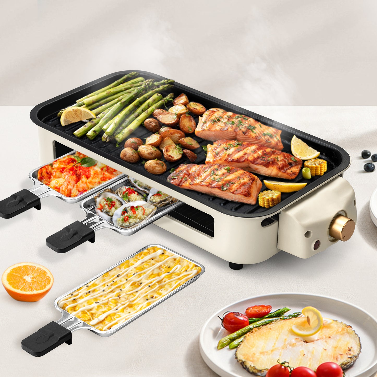 Pukomc Electric Indoor Grill,2 in 1 Indoor Grills for Kitchen with Grill Net & Non-Stick Cooking Removable Plate, Temperature Control, Dishwasher Safe, 1500W Smokeless barbecue