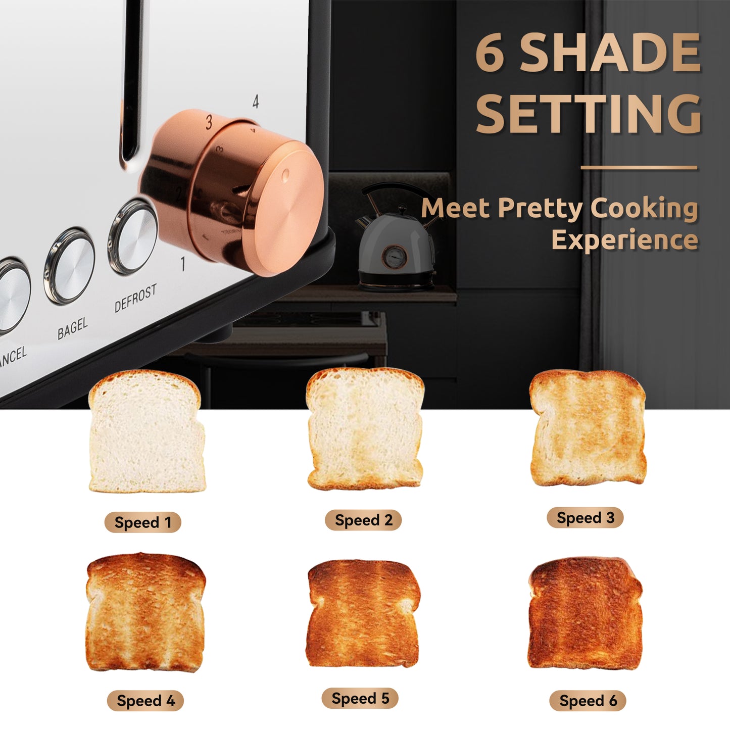 Pukomc Toaster 4 Slice with Wide Slots, 2 Long Slot Toaster for Bagels Waffles and Toast, 6 Browning Levels, Stainless Steel, Removable Tray, Cancel/Bagel/Defrost Functions, WT-8500 Black (1400W)