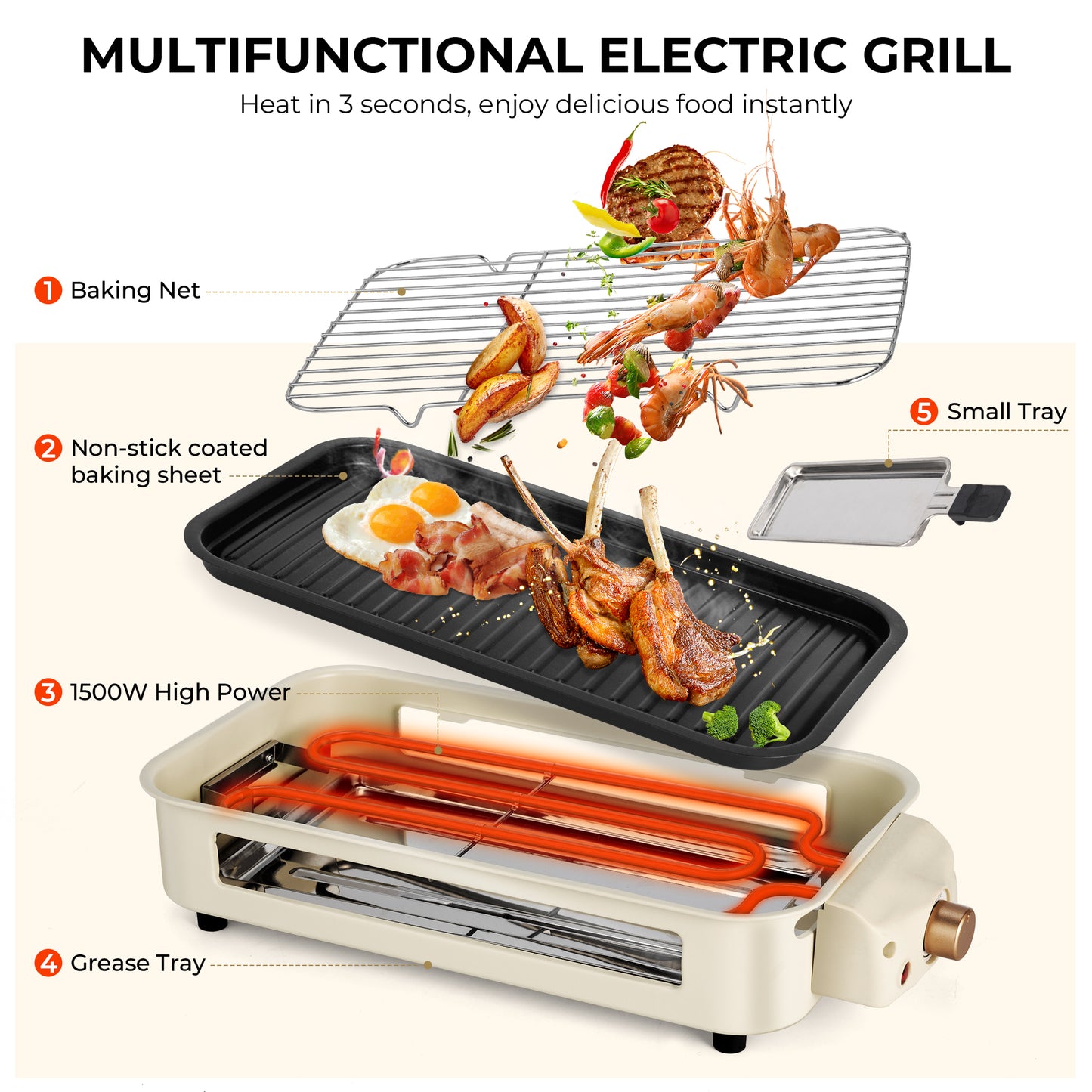 Pukomc Electric Indoor Grill,2 in 1 Indoor Grills for Kitchen with Grill Net & Non-Stick Cooking Removable Plate, Temperature Control, Dishwasher Safe, 1500W Smokeless barbecue