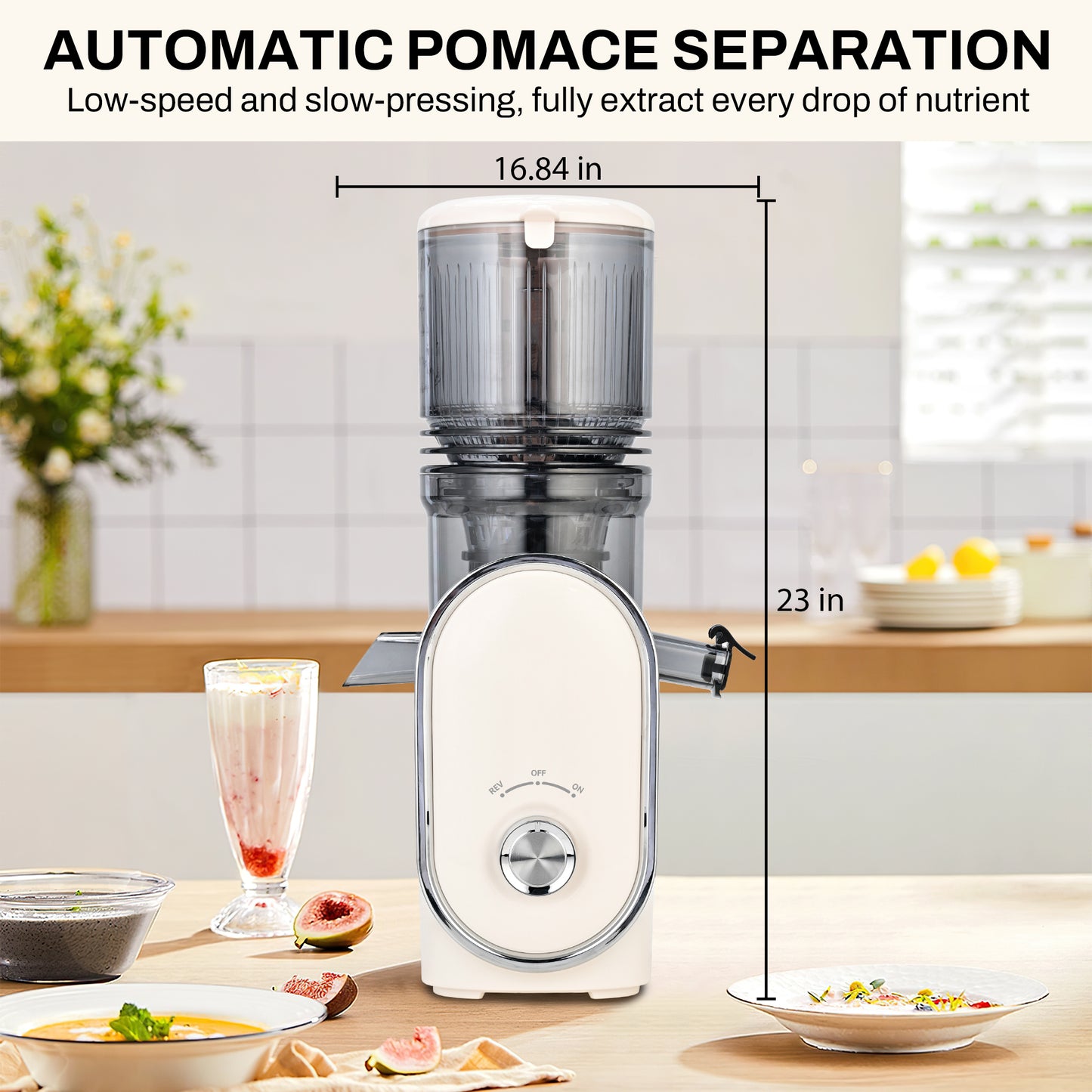 Pukomc Slow Juicer - 300W Cold Press Juicer with 5.3" Wide Chute, One-Touch Operation & Auto Stop, High Juice Yield, Easy Clean, Includes Juice & Pulp Cups