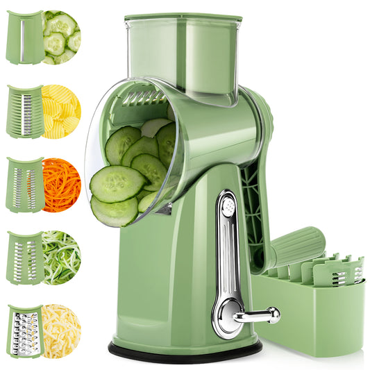 Pukomc Rotary Cheese Grater with Handle - Food Shredder with 5 Well-designed Blades & Strong Suction Base,Round Mandoline Slicer & Vegetable Grater for Kitchen,1 Bonus Blade Storage Box
