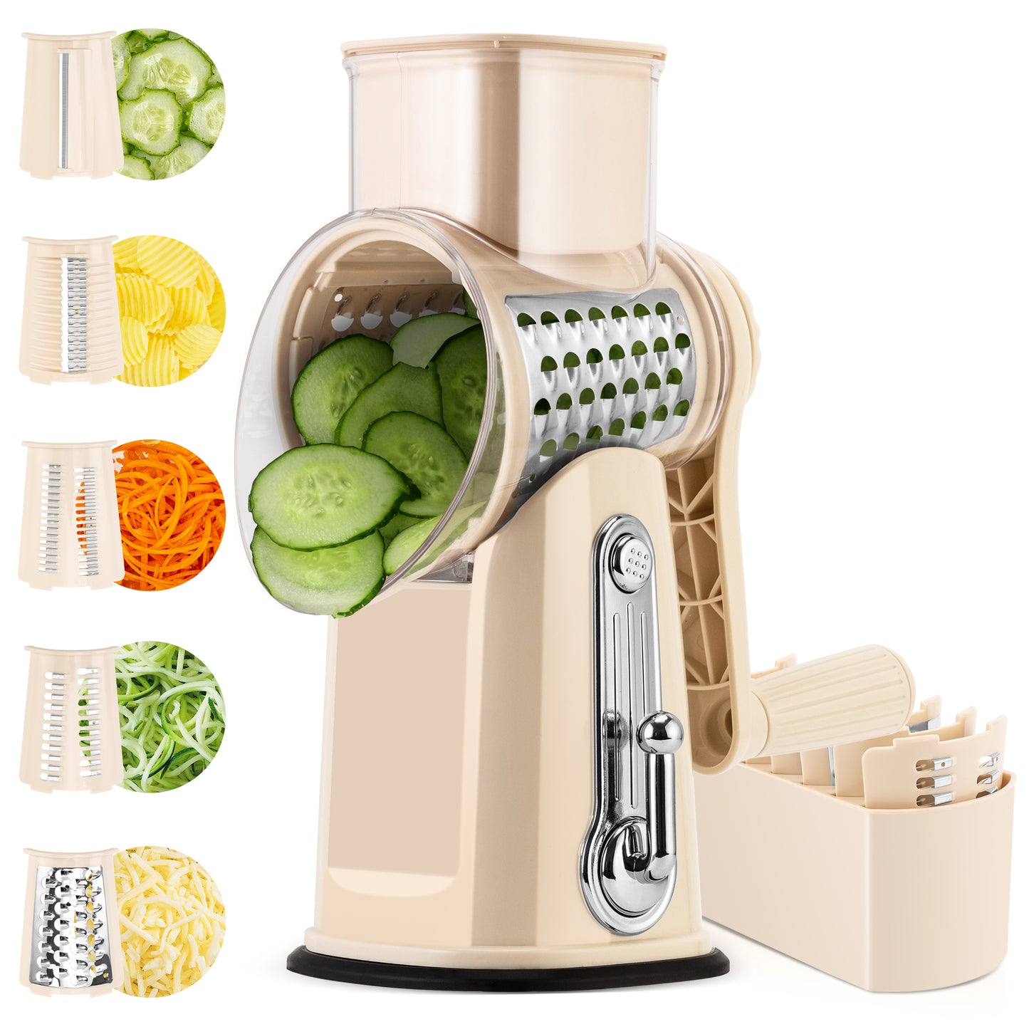 Pukomc Rotary Cheese Grater with Handle - Food Shredder with 5 Well-designed Blades & Strong Suction Base,Round Mandoline Slicer & Vegetable Grater for Kitchen,1 Bonus Blade Storage Box
