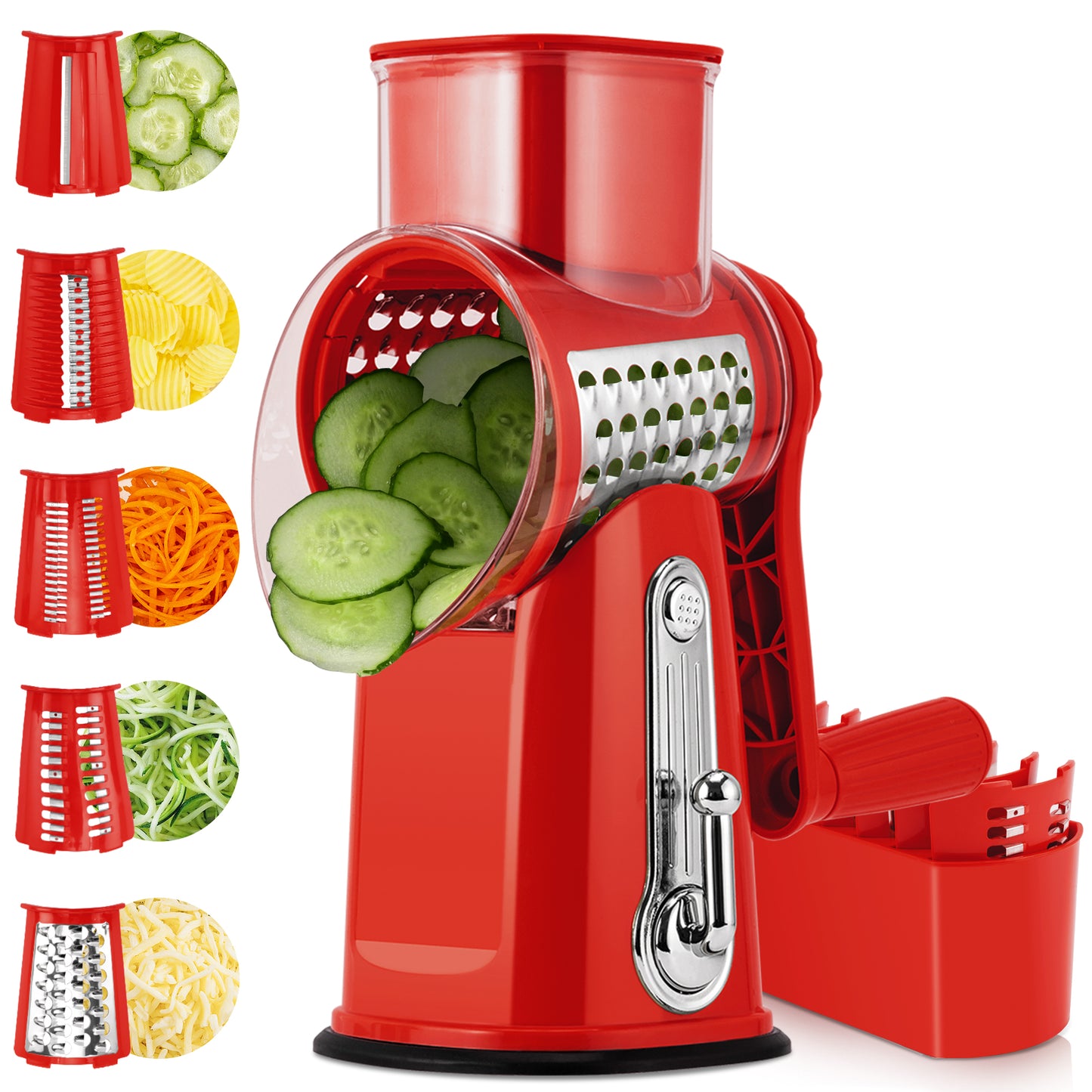 Pukomc Rotary Cheese Grater with Handle - Food Shredder with 5 Well-designed Blades & Strong Suction Base,Round Mandoline Slicer & Vegetable Grater for Kitchen,1 Bonus Blade Storage Box