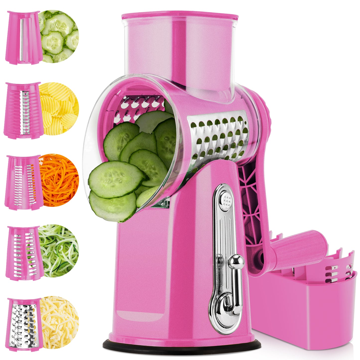 Pukomc Rotary Cheese Grater with Handle - Food Shredder with 5 Well-designed Blades & Strong Suction Base,Round Mandoline Slicer & Vegetable Grater for Kitchen,1 Bonus Blade Storage Box