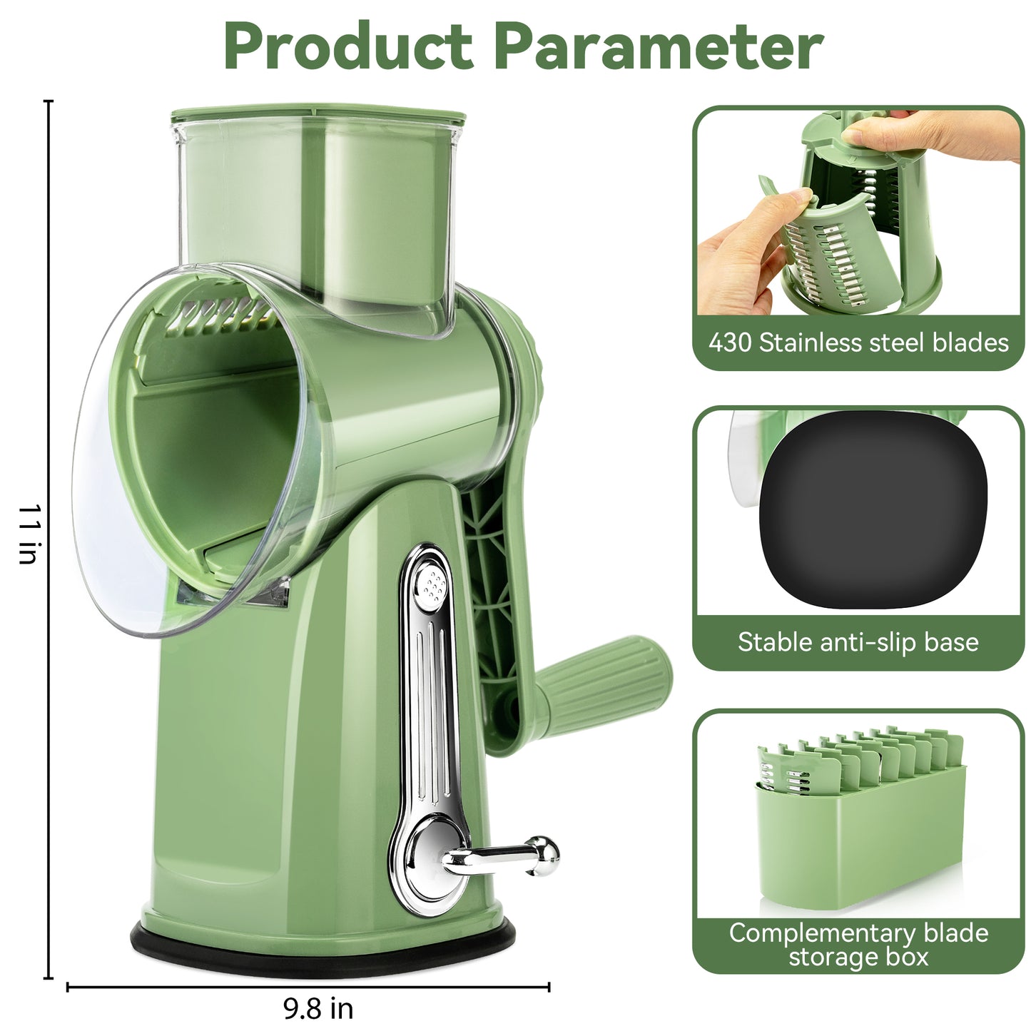 Pukomc Rotary Cheese Grater with Handle - Food Shredder with 5 Well-designed Blades & Strong Suction Base,Round Mandoline Slicer & Vegetable Grater for Kitchen,1 Bonus Blade Storage Box