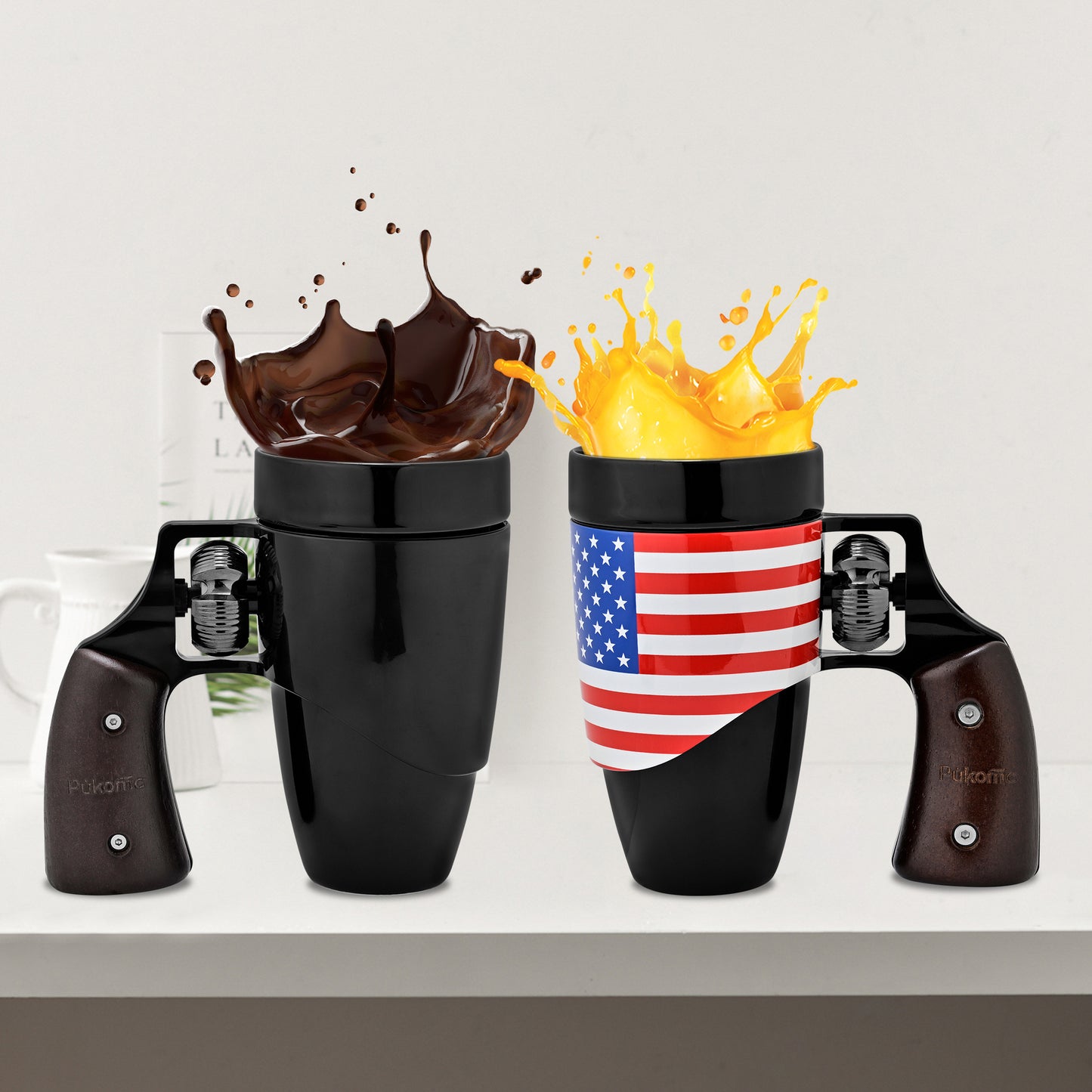 Pukomc Coffee Cup with Rotatable Wooden Handle, Ceramic Leak-Proof and Scalding-Proof Cup, 16 Ounces Beverage Drinkware Glass Reusable Reuse（Flag）