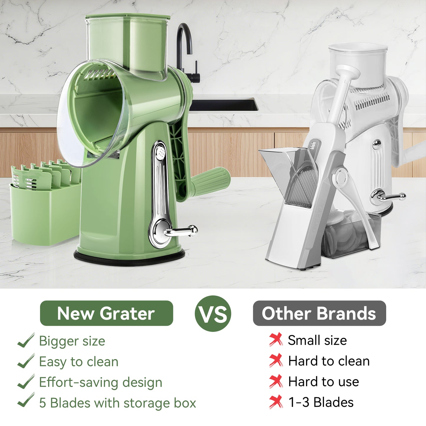 Pukomc Rotary Cheese Grater with Handle - Food Shredder with 5 Well-designed Blades & Strong Suction Base,Round Mandoline Slicer & Vegetable Grater for Kitchen,1 Bonus Blade Storage Box