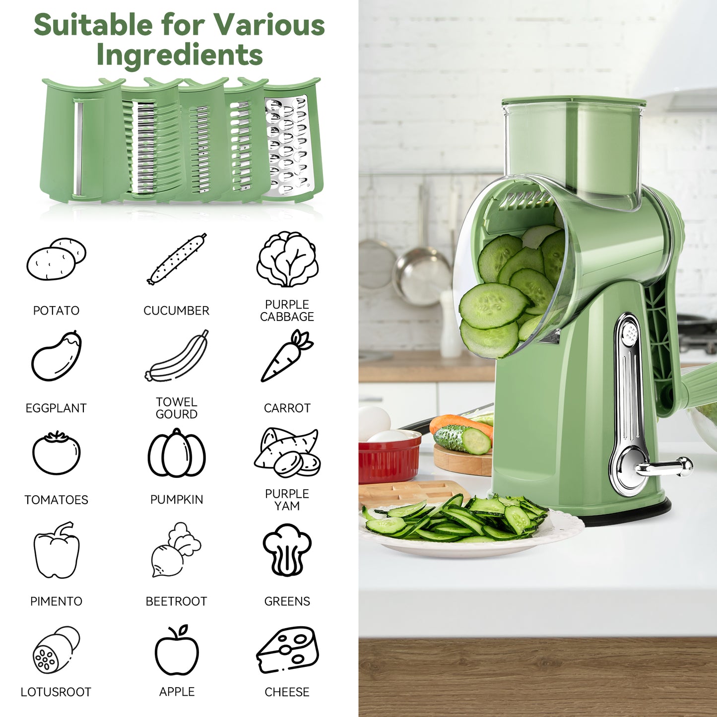 Pukomc Rotary Cheese Grater with Handle - Food Shredder with 5 Well-designed Blades & Strong Suction Base,Round Mandoline Slicer & Vegetable Grater for Kitchen,1 Bonus Blade Storage Box