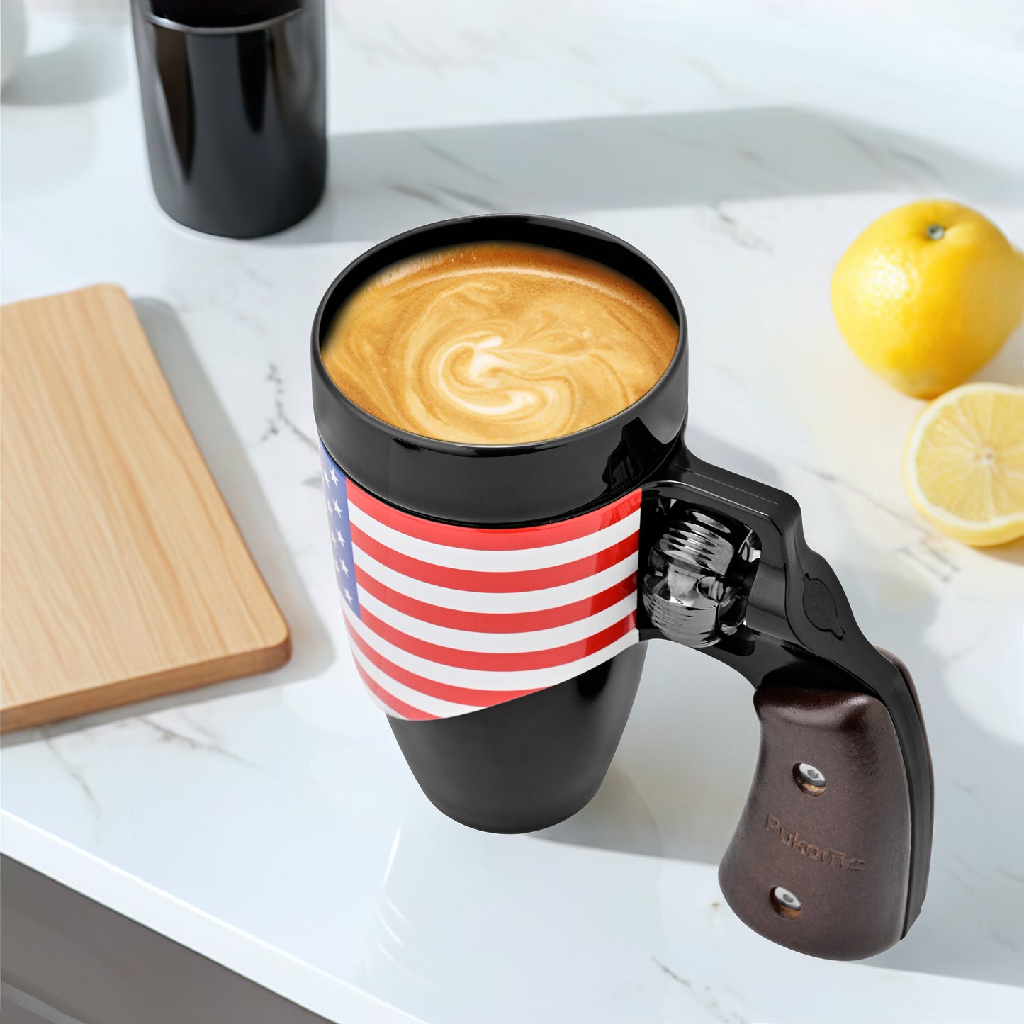 Pukomc Coffee Cup with Rotatable Wooden Handle, Ceramic Leak-Proof and Scalding-Proof Cup, 16 Ounces Beverage Drinkware Glass Reusable Reuse（Flag）