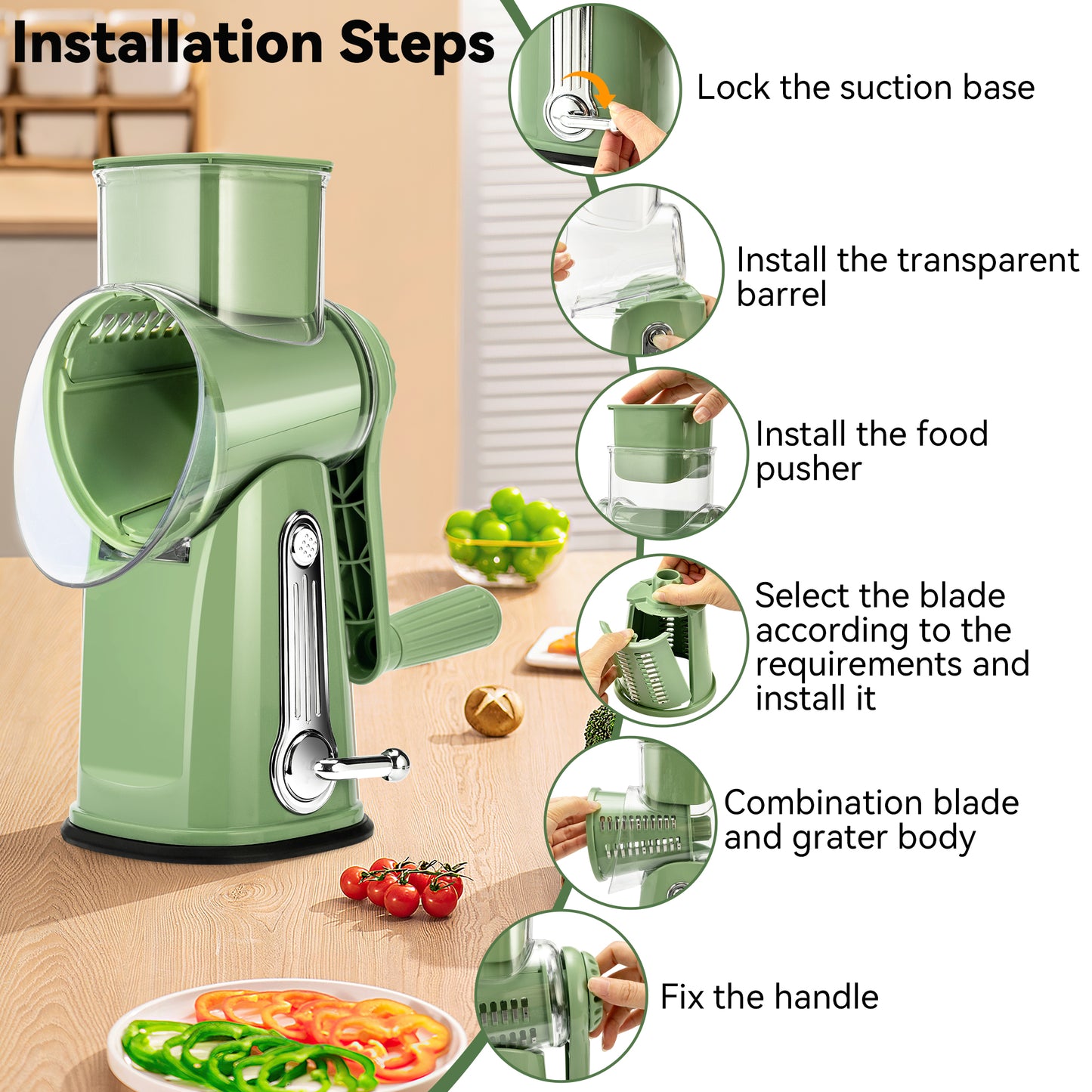 Pukomc Rotary Cheese Grater with Handle - Food Shredder with 5 Well-designed Blades & Strong Suction Base,Round Mandoline Slicer & Vegetable Grater for Kitchen,1 Bonus Blade Storage Box