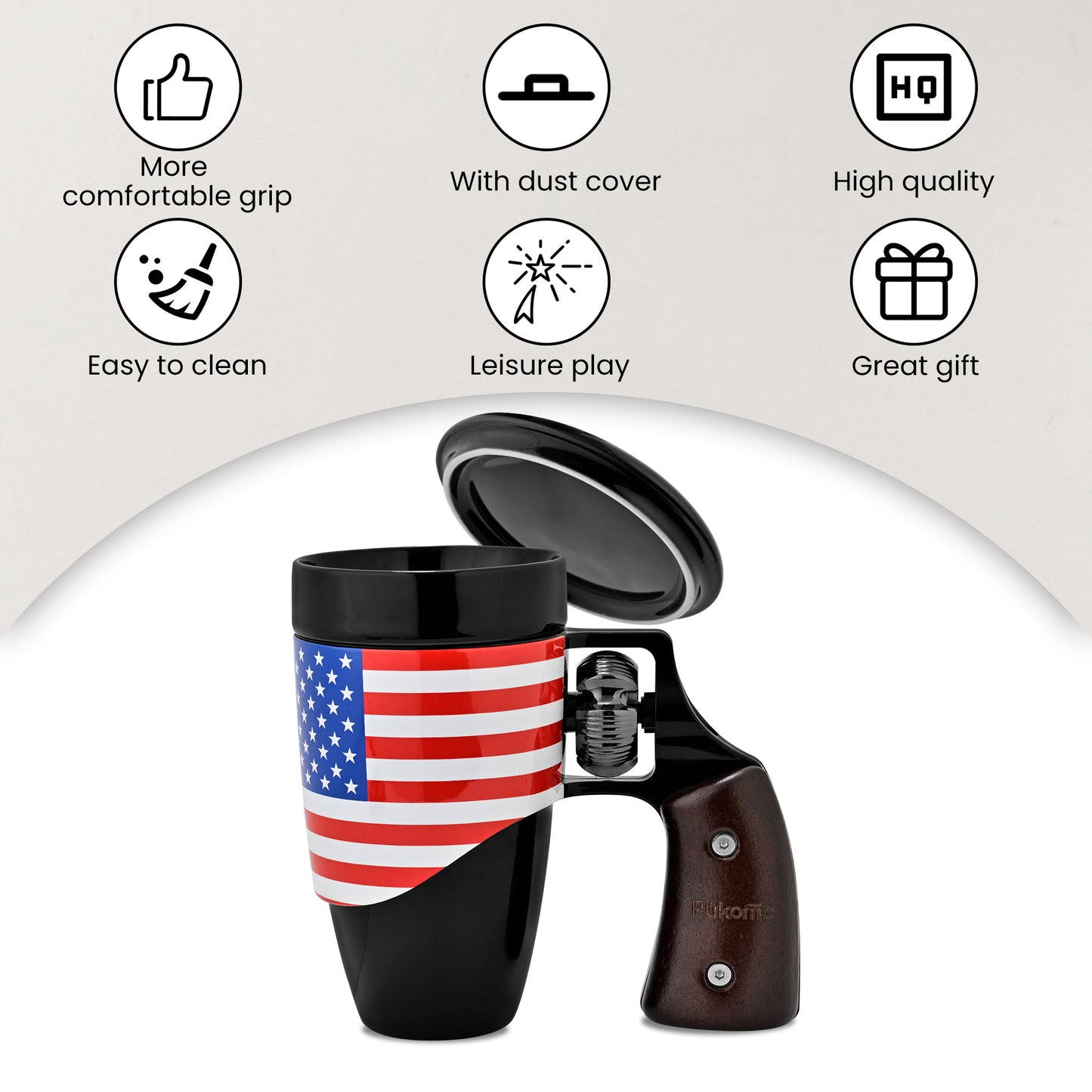 Pukomc Coffee Cup with Rotatable Wooden Handle, Ceramic Leak-Proof and Scalding-Proof Cup, 16 Ounces Beverage Drinkware Glass Reusable Reuse（Flag）