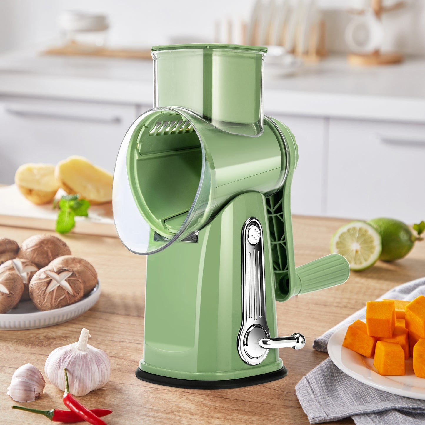 Pukomc Rotary Cheese Grater with Handle - Food Shredder with 5 Well-designed Blades & Strong Suction Base,Round Mandoline Slicer & Vegetable Grater for Kitchen,1 Bonus Blade Storage Box