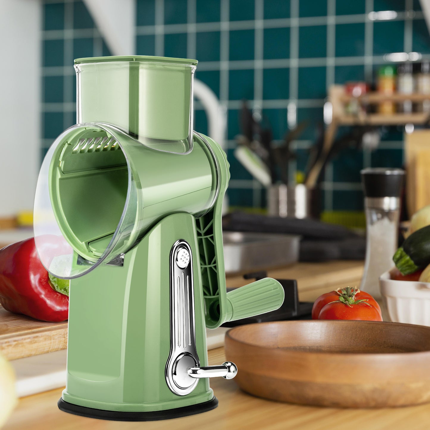 Pukomc Rotary Cheese Grater with Handle - Food Shredder with 5 Well-designed Blades & Strong Suction Base,Round Mandoline Slicer & Vegetable Grater for Kitchen,1 Bonus Blade Storage Box