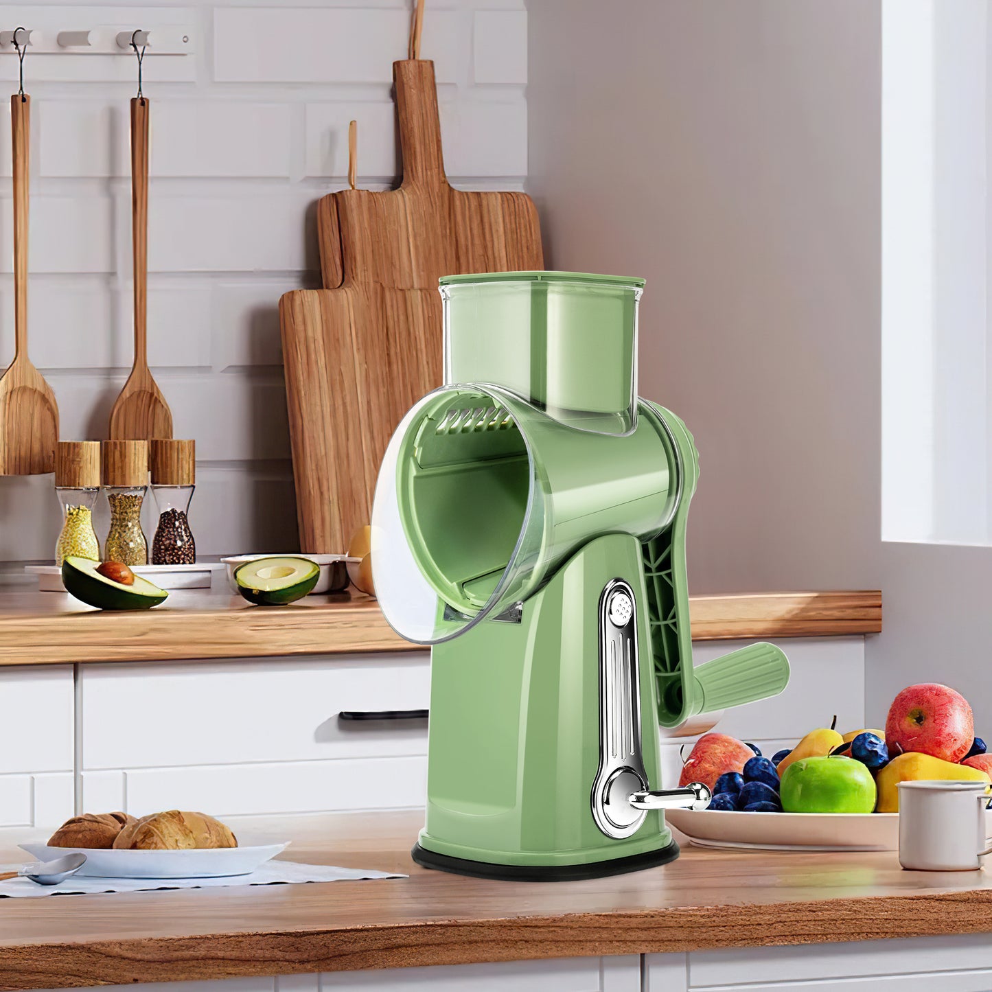 Pukomc Rotary Cheese Grater with Handle - Food Shredder with 5 Well-designed Blades & Strong Suction Base,Round Mandoline Slicer & Vegetable Grater for Kitchen,1 Bonus Blade Storage Box