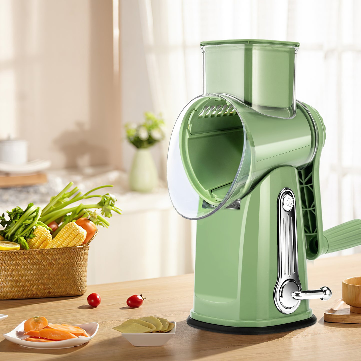 Pukomc Rotary Cheese Grater with Handle - Food Shredder with 5 Well-designed Blades & Strong Suction Base,Round Mandoline Slicer & Vegetable Grater for Kitchen,1 Bonus Blade Storage Box