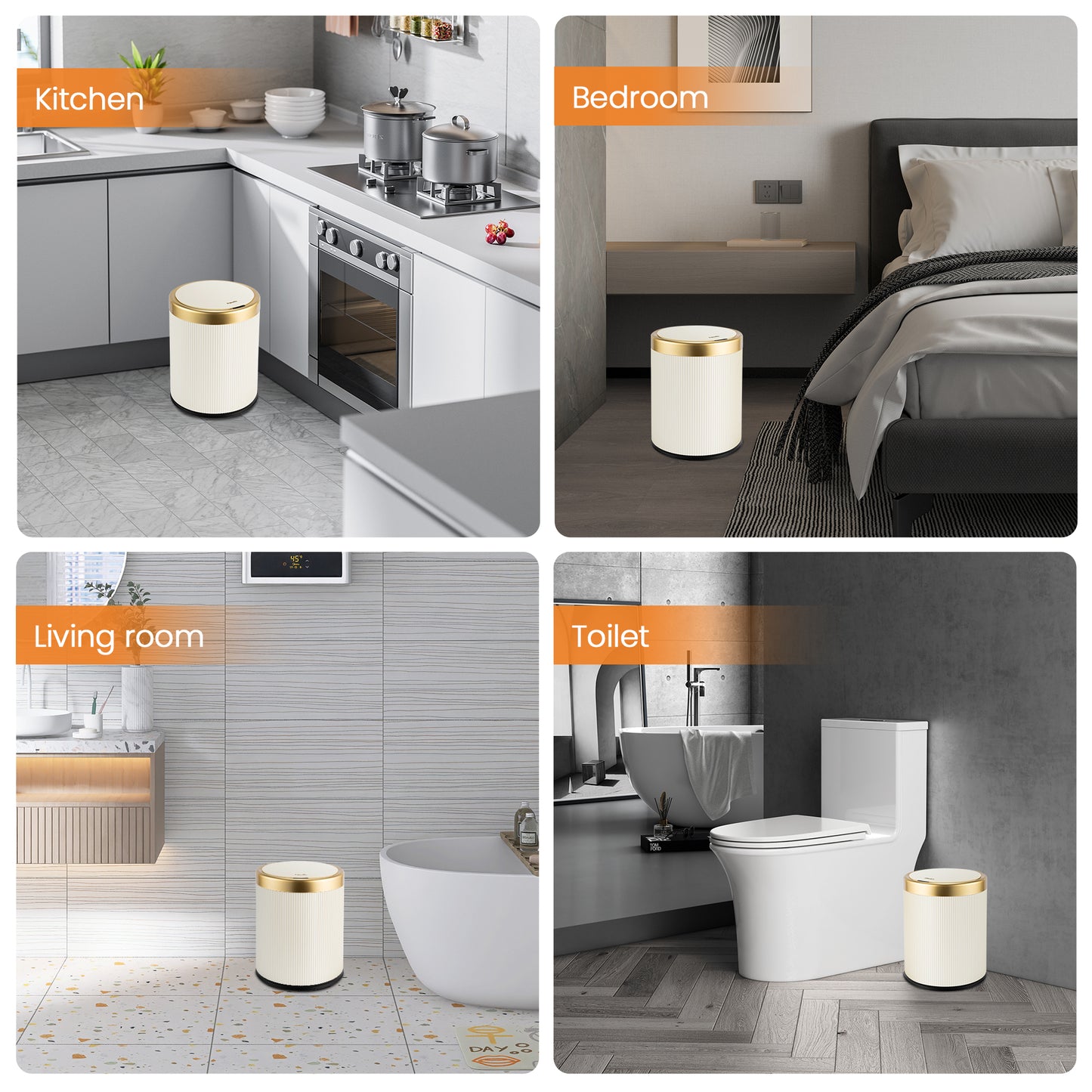 Pukomc Bathroom Trash Can with Lid，3.5 Gallon Motion Sensor Waterproof Touchless Garbage Can, Smart Plastic Trash Bins Suitable for Kitchen, Bathroom, Bedroom, Living Room, Office Beige