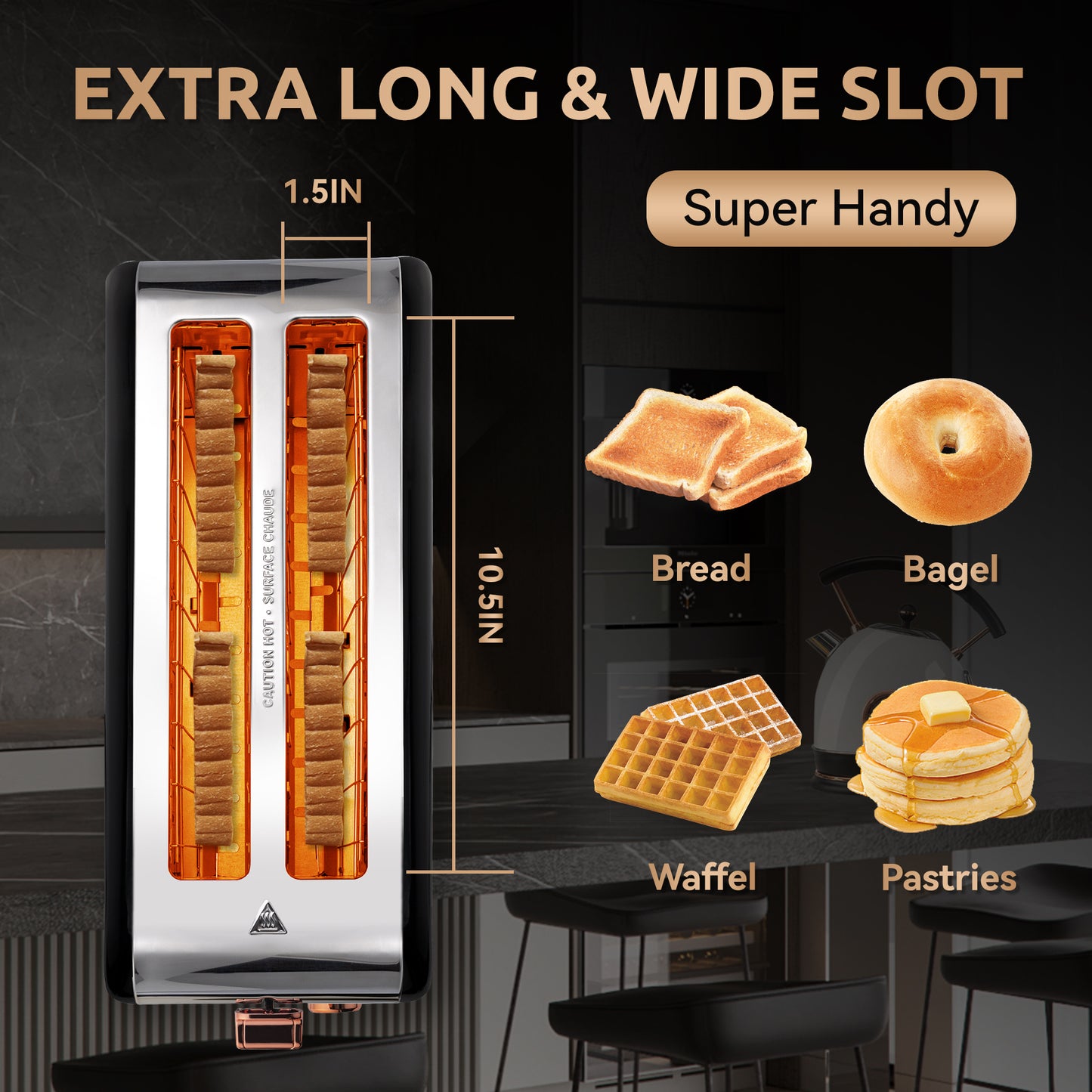 Pukomc Toaster 4 Slice with Wide Slots, 2 Long Slot Toaster for Bagels Waffles and Toast, 6 Browning Levels, Stainless Steel, Removable Tray, Cancel/Bagel/Defrost Functions, WT-8500 Black (1400W)