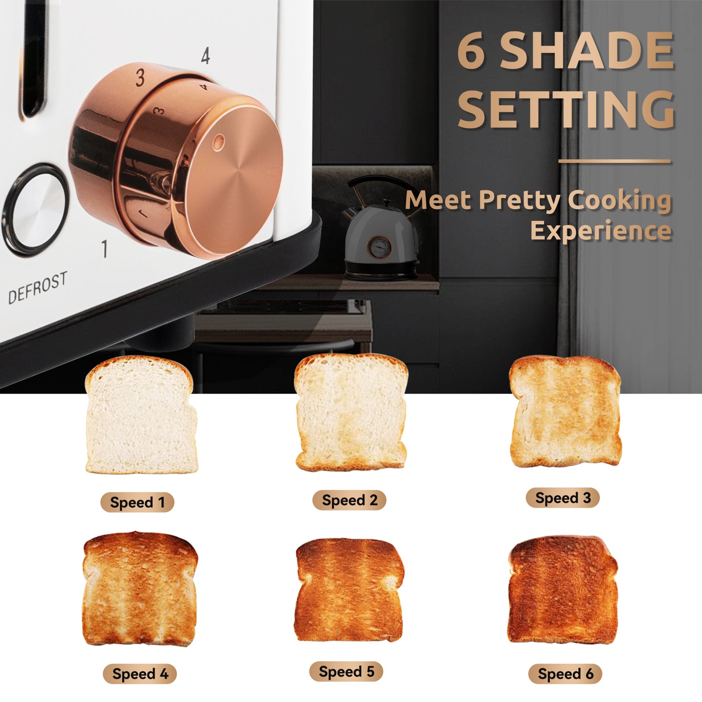 Pukomc Toaster 4 Slice with Wide Slots, 2 Long Slot Toaster for Bagels Waffles and Toast, 6 Browning Levels, Stainless Steel, Removable Tray, Cancel/Bagel/Defrost Functions, WT-8500 White (1400W)