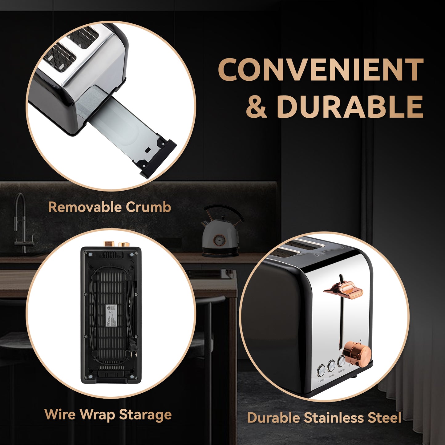Pukomc Toaster 4 Slice with Wide Slots, 2 Long Slot Toaster for Bagels Waffles and Toast, 6 Browning Levels, Stainless Steel, Removable Tray, Cancel/Bagel/Defrost Functions, WT-8500 Black (1400W)