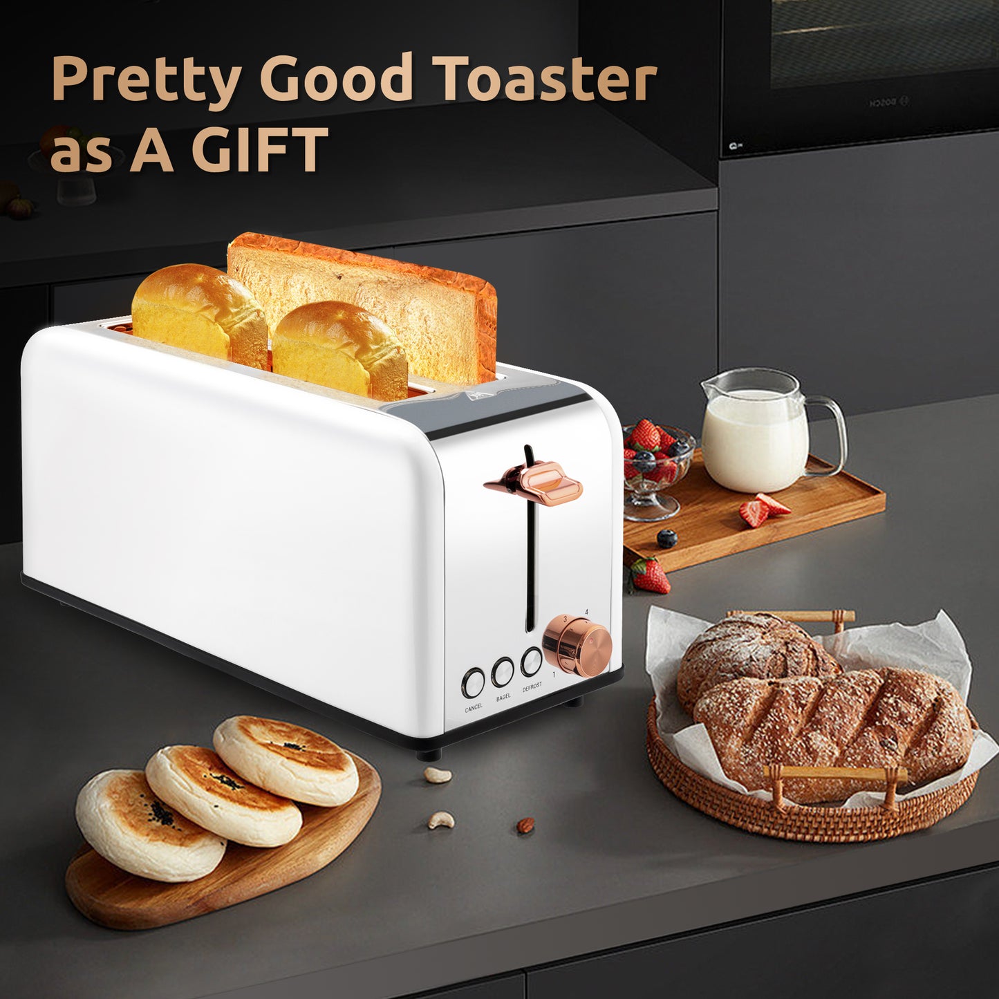 Pukomc Toaster 4 Slice with Wide Slots, 2 Long Slot Toaster for Bagels Waffles and Toast, 6 Browning Levels, Stainless Steel, Removable Tray, Cancel/Bagel/Defrost Functions, WT-8500 White (1400W)