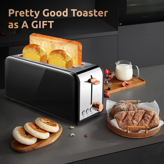 Pukomc Toaster 4 Slice with Wide Slots, 2 Long Slot Toaster for Bagels Waffles and Toast, 6 Browning Levels, Stainless Steel, Removable Tray, Cancel/Bagel/Defrost Functions, WT-8500 Black (1400W)