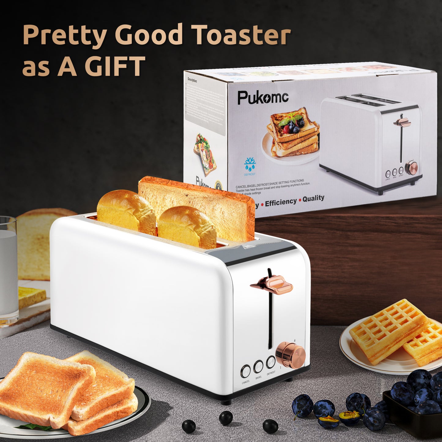 Pukomc Toaster 4 Slice with Wide Slots, 2 Long Slot Toaster for Bagels Waffles and Toast, 6 Browning Levels, Stainless Steel, Removable Tray, Cancel/Bagel/Defrost Functions, WT-8500 White (1400W)