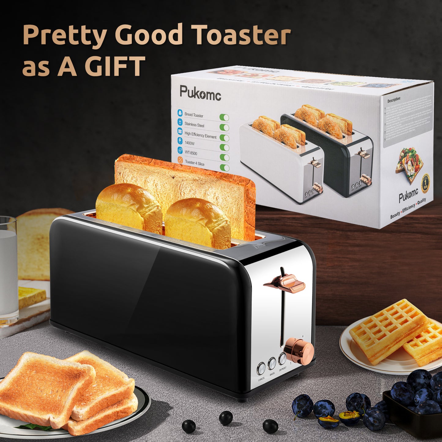 Pukomc Toaster 4 Slice with Wide Slots, 2 Long Slot Toaster for Bagels Waffles and Toast, 6 Browning Levels, Stainless Steel, Removable Tray, Cancel/Bagel/Defrost Functions, WT-8500 Black (1400W)