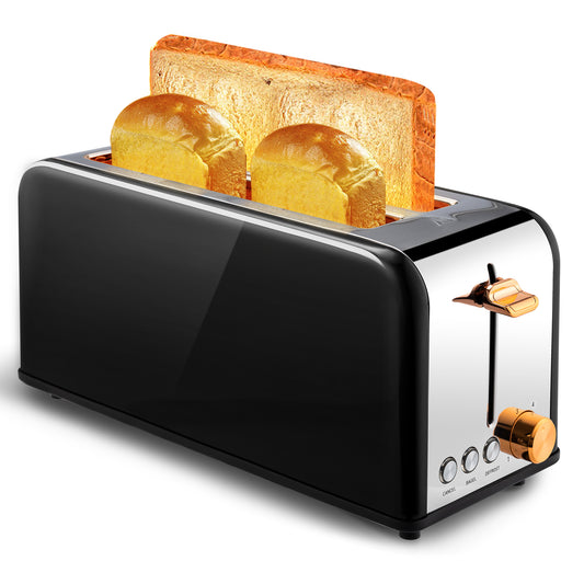 Pukomc Toaster 4 Slice with Wide Slots, 2 Long Slot Toaster for Bagels Waffles and Toast, 6 Browning Levels, Stainless Steel, Removable Tray, Cancel/Bagel/Defrost Functions, WT-8500 Black (1400W)