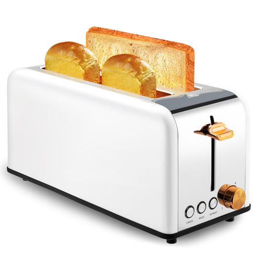 Pukomc Toaster 4 Slice with Wide Slots, 2 Long Slot Toaster for Bagels Waffles and Toast, 6 Browning Levels, Stainless Steel, Removable Tray, Cancel/Bagel/Defrost Functions, WT-8500 White (1400W)