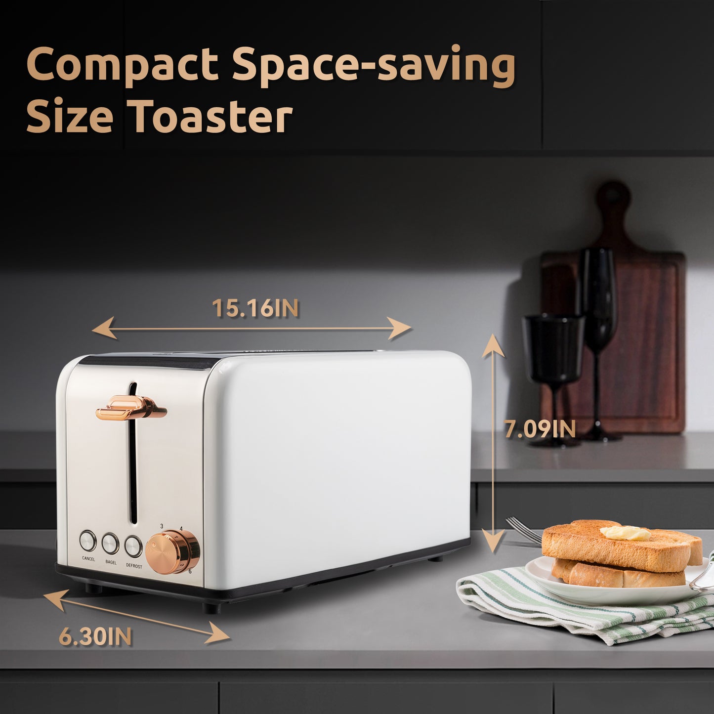 Pukomc Toaster 4 Slice with Wide Slots, 2 Long Slot Toaster for Bagels Waffles and Toast, 6 Browning Levels, Stainless Steel, Removable Tray, Cancel/Bagel/Defrost Functions, WT-8500 White (1400W)