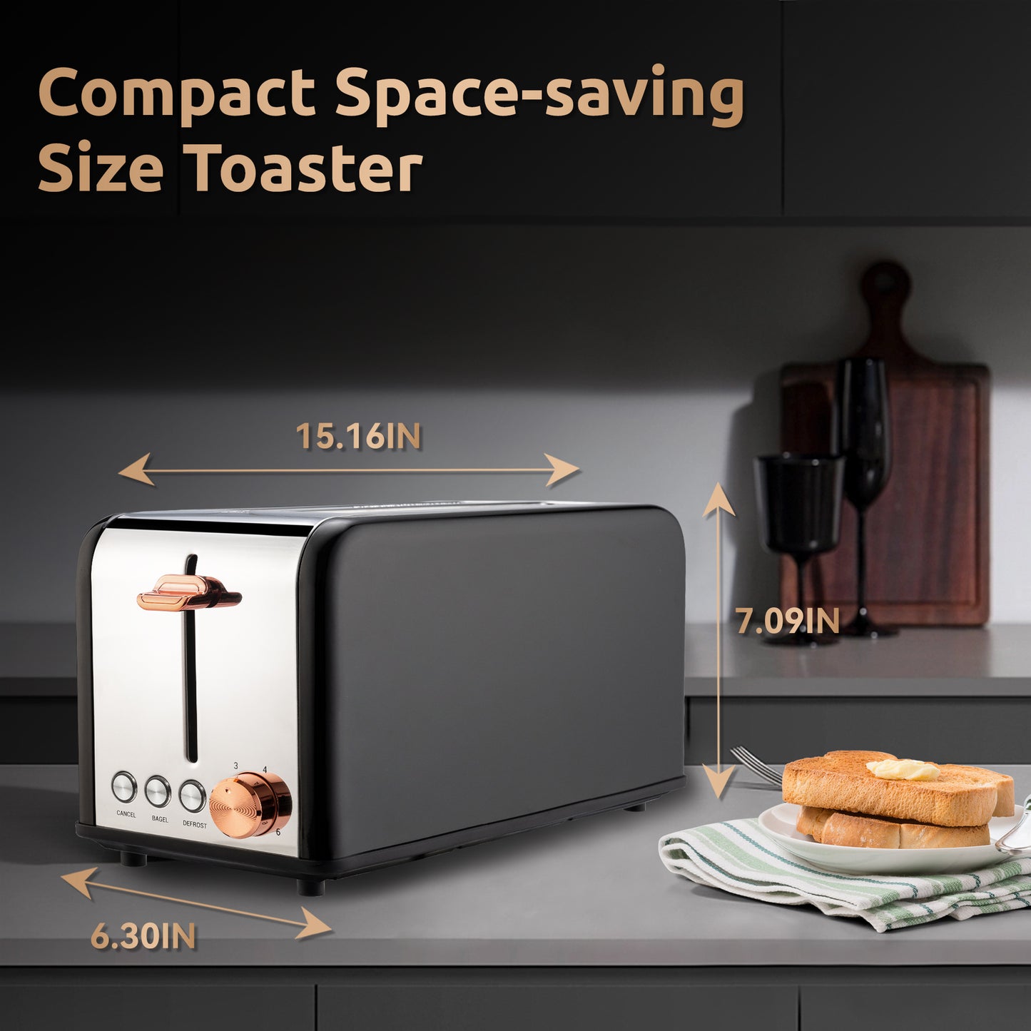 Pukomc Toaster 4 Slice with Wide Slots, 2 Long Slot Toaster for Bagels Waffles and Toast, 6 Browning Levels, Stainless Steel, Removable Tray, Cancel/Bagel/Defrost Functions, WT-8500 Black (1400W)