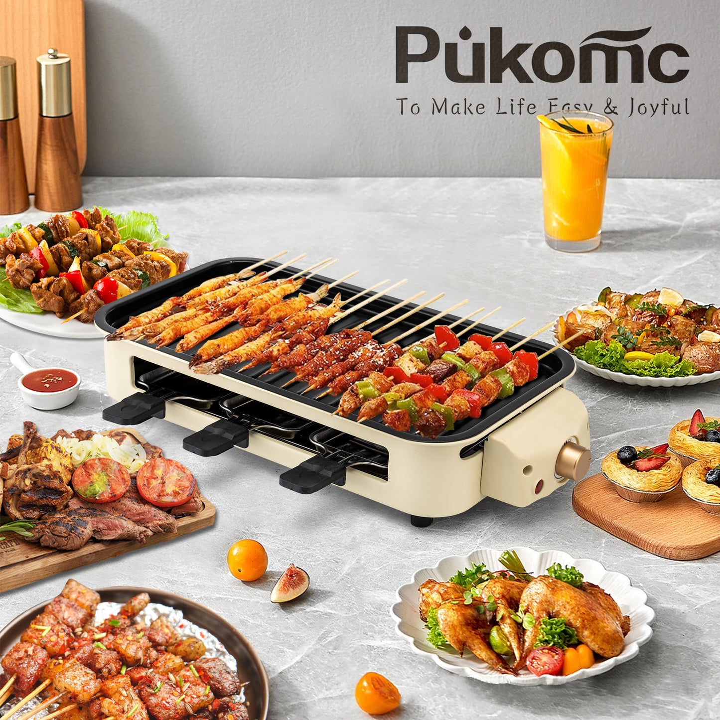 Pukomc Electric Indoor Grill,2 in 1 Indoor Grills for Kitchen with Grill Net & Non-Stick Cooking Removable Plate, Temperature Control, Dishwasher Safe, 1500W Smokeless barbecue