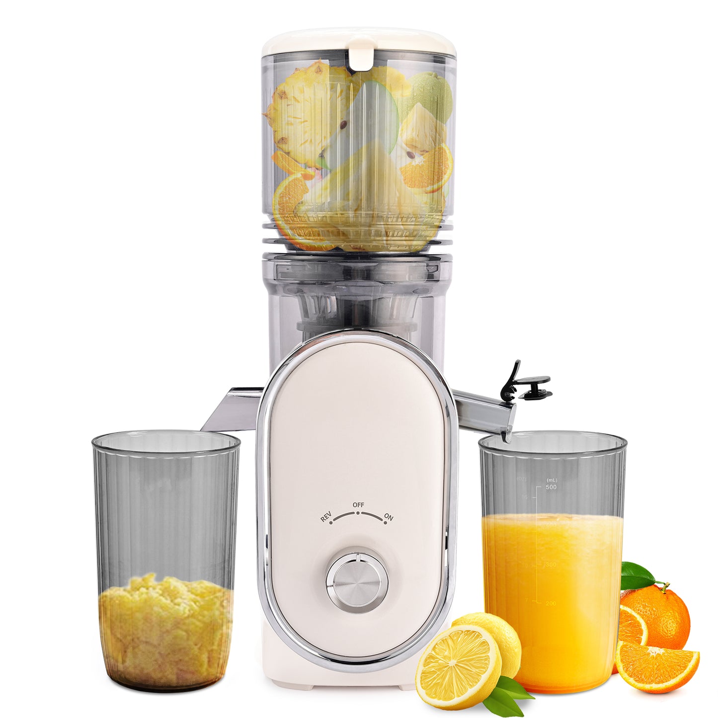 Pukomc Slow Juicer - 300W Cold Press Juicer with 5.3" Wide Chute, One-Touch Operation & Auto Stop, High Juice Yield, Easy Clean, Includes Juice & Pulp Cups