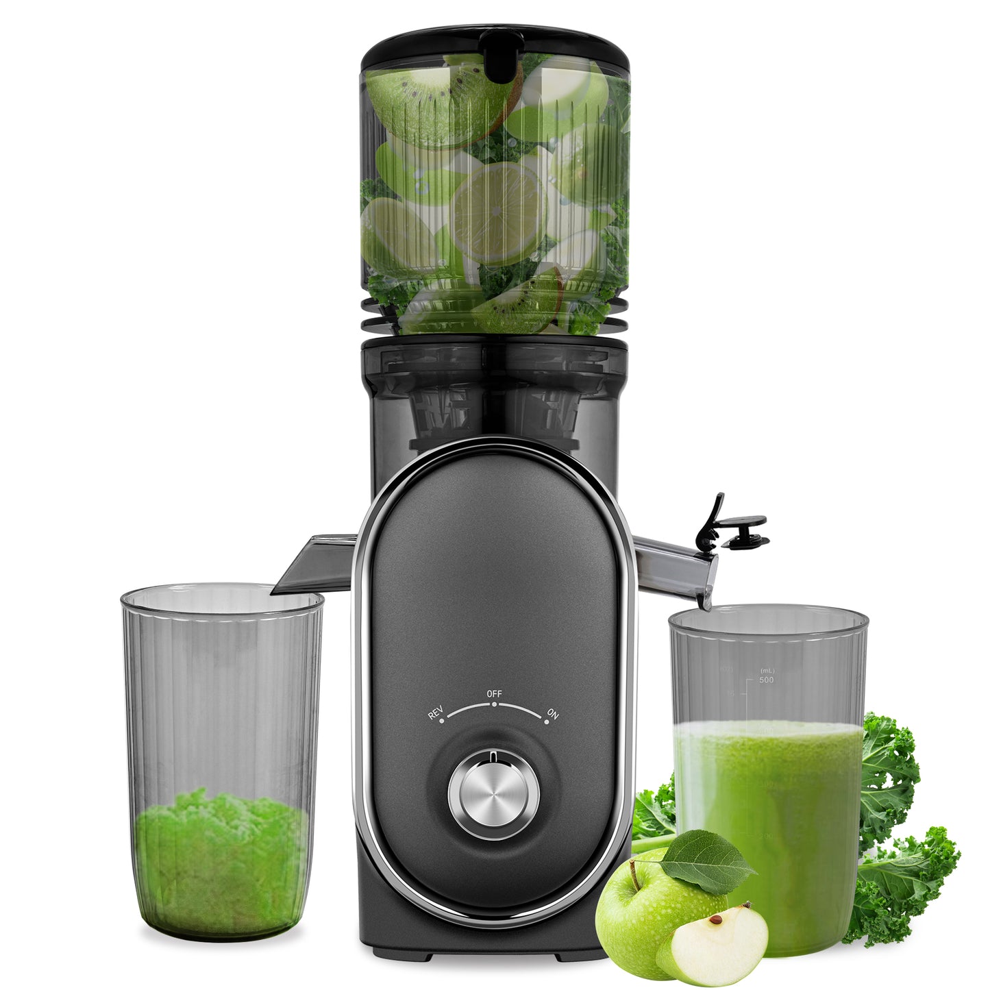 Pukomc Slow Juicer - 300W Cold Press Juicer with 5.3" Wide Chute, One-Touch Operation & Auto Stop, High Juice Yield, Easy Clean, Includes Juice & Pulp Cups