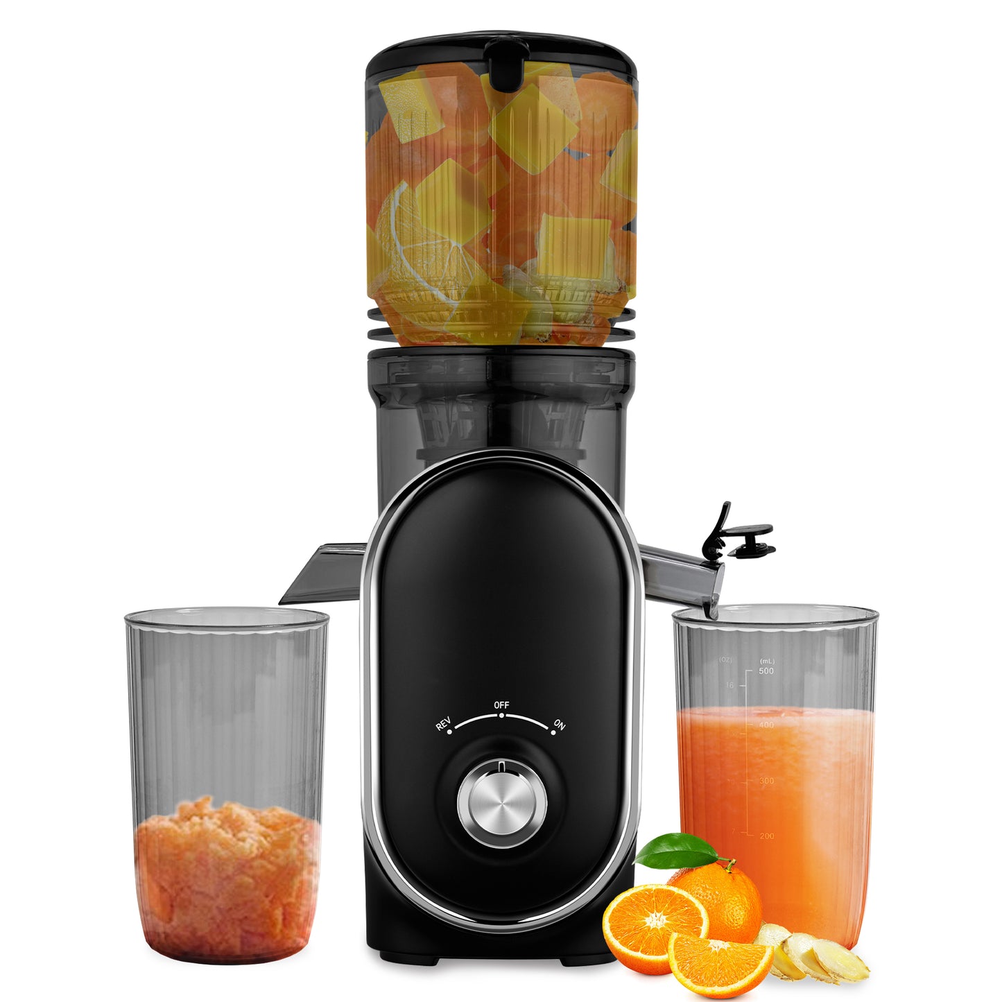 Pukomc Slow Juicer - 300W Cold Press Juicer with 5.3" Wide Chute, One-Touch Operation & Auto Stop, High Juice Yield, Easy Clean, Includes Juice & Pulp Cups