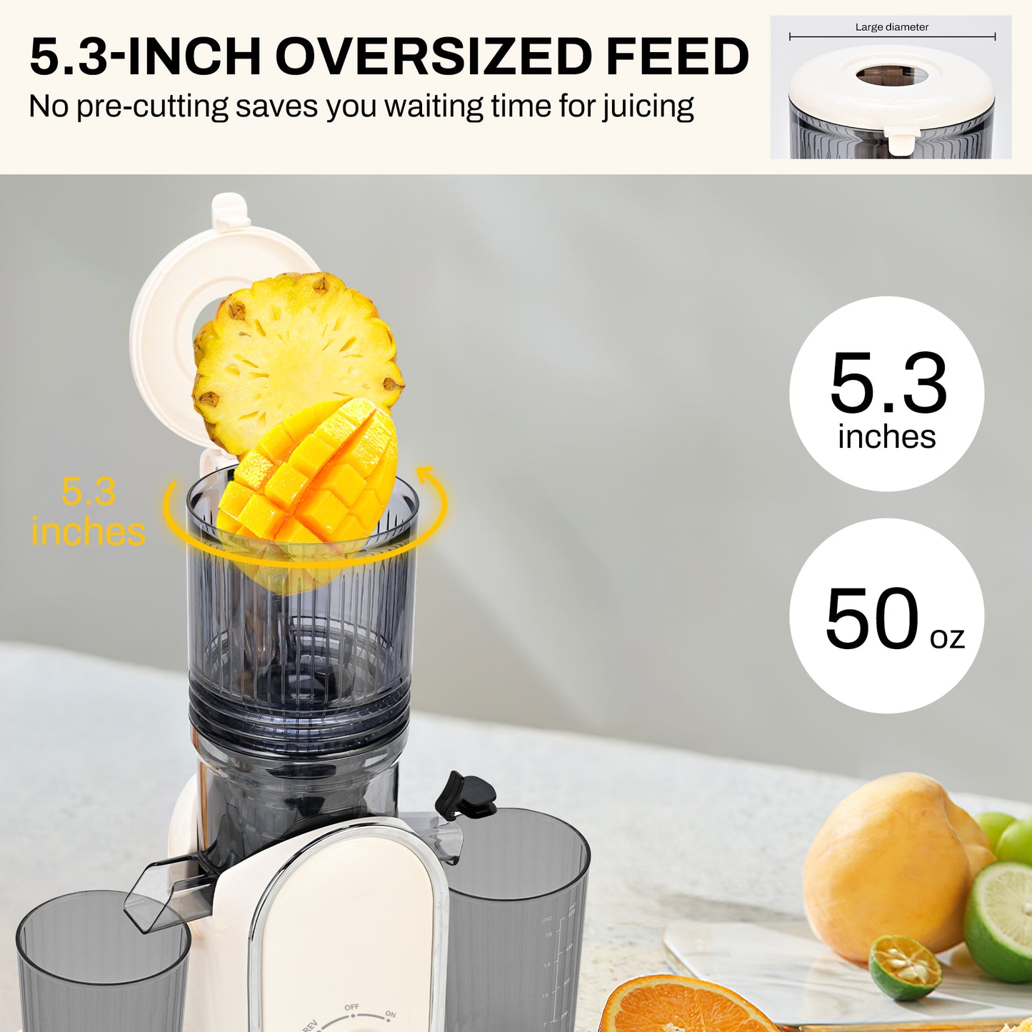 Pukomc Slow Juicer - 300W Cold Press Juicer with 5.3" Wide Chute, One-Touch Operation & Auto Stop, High Juice Yield, Easy Clean, Includes Juice & Pulp Cups