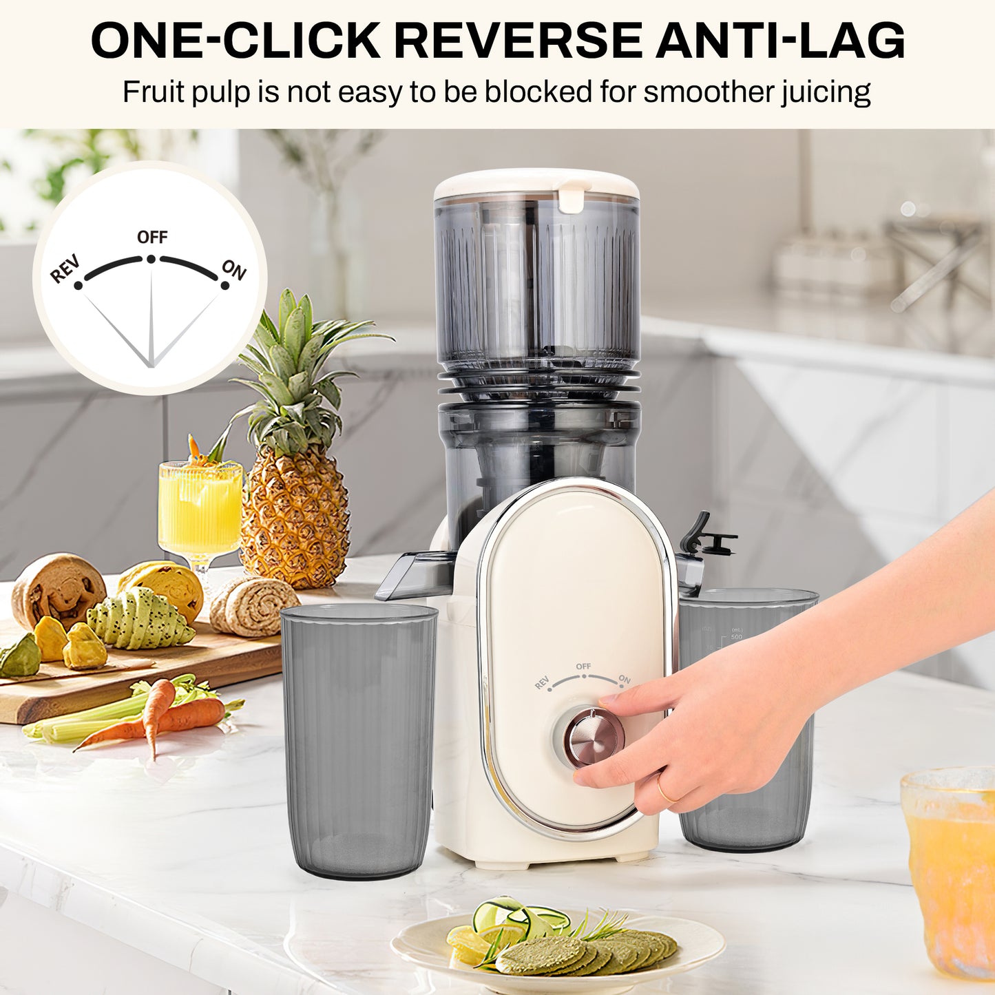 Pukomc Slow Juicer - 300W Cold Press Juicer with 5.3" Wide Chute, One-Touch Operation & Auto Stop, High Juice Yield, Easy Clean, Includes Juice & Pulp Cups