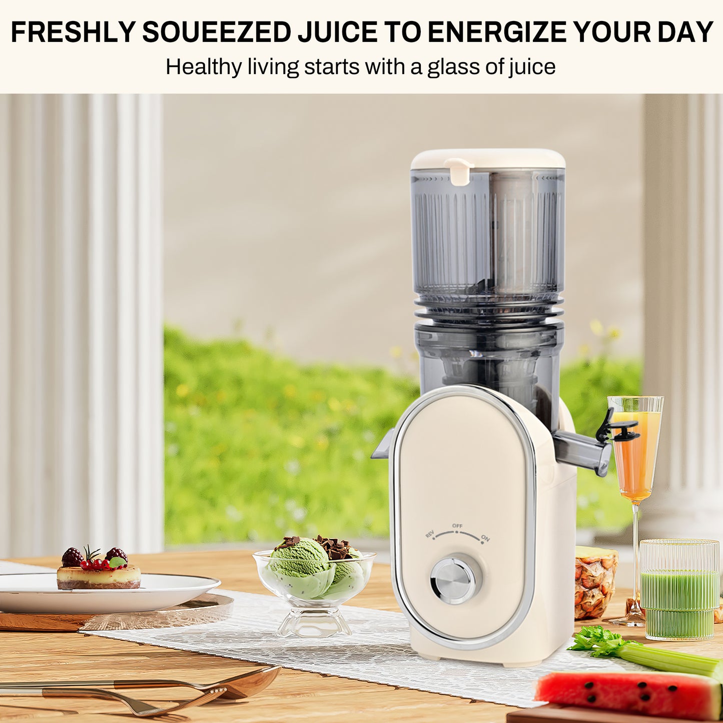 Pukomc Slow Juicer - 300W Cold Press Juicer with 5.3" Wide Chute, One-Touch Operation & Auto Stop, High Juice Yield, Easy Clean, Includes Juice & Pulp Cups