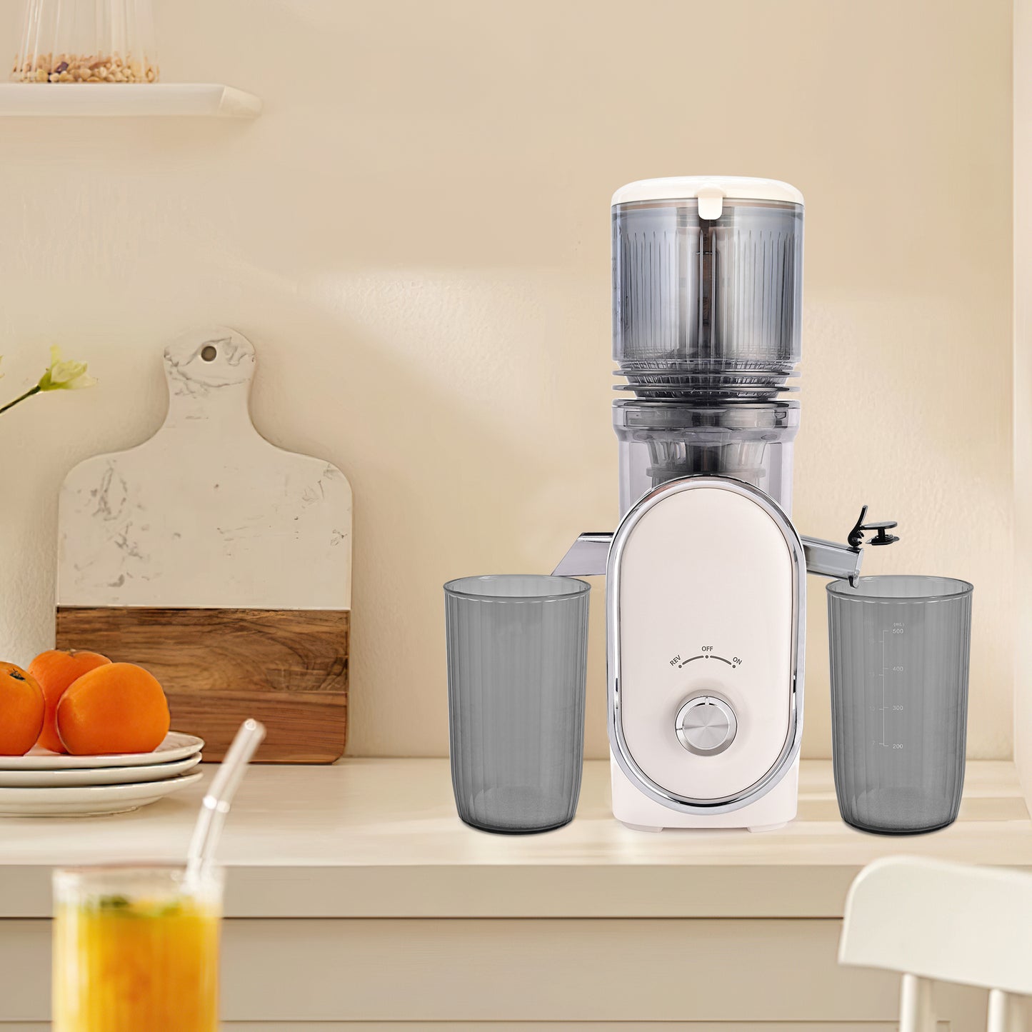 Pukomc Slow Juicer - 300W Cold Press Juicer with 5.3" Wide Chute, One-Touch Operation & Auto Stop, High Juice Yield, Easy Clean, Includes Juice & Pulp Cups