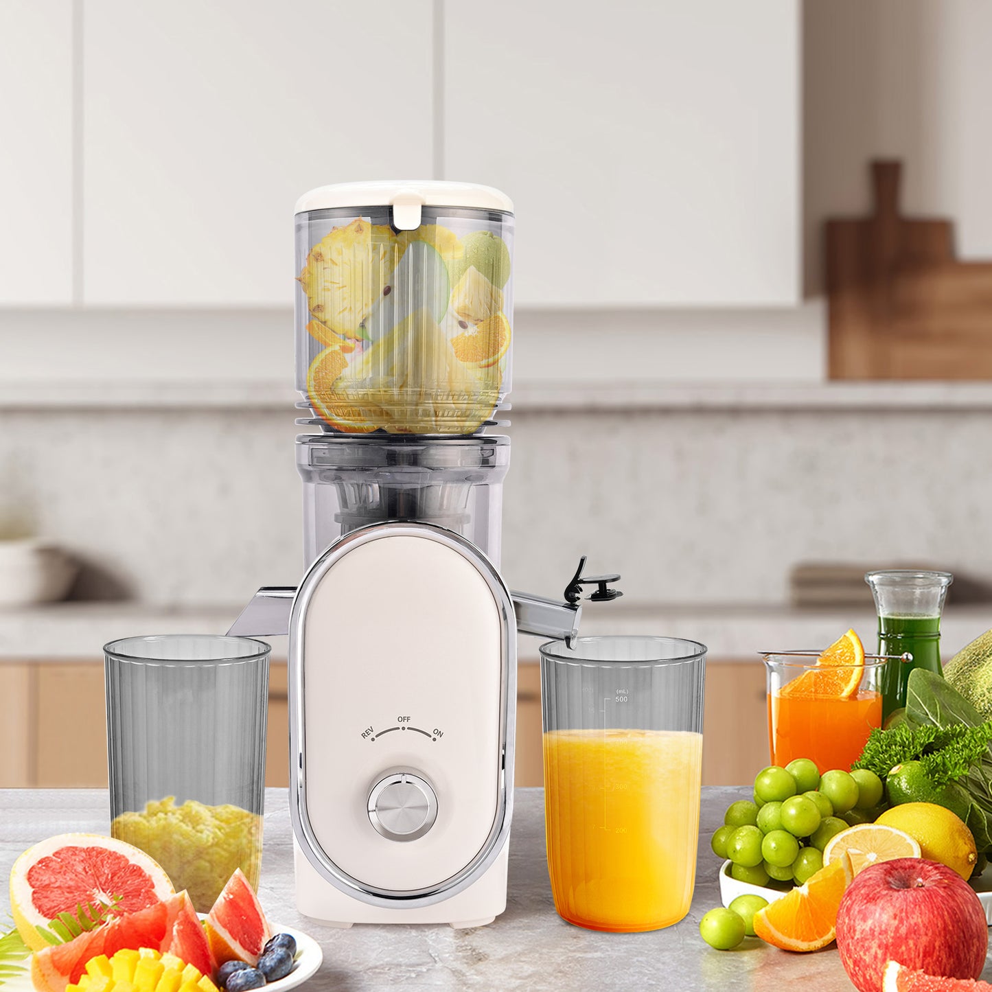 Pukomc Slow Juicer - 300W Cold Press Juicer with 5.3" Wide Chute, One-Touch Operation & Auto Stop, High Juice Yield, Easy Clean, Includes Juice & Pulp Cups