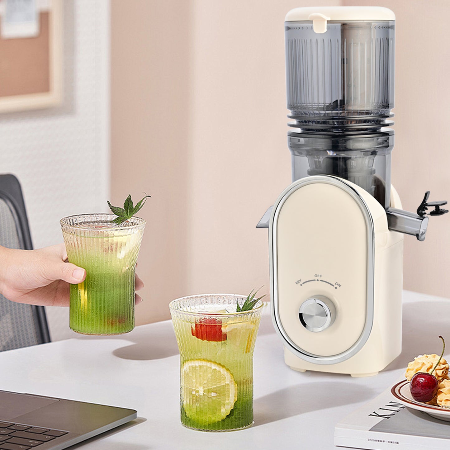 Pukomc Slow Juicer - 300W Cold Press Juicer with 5.3" Wide Chute, One-Touch Operation & Auto Stop, High Juice Yield, Easy Clean, Includes Juice & Pulp Cups