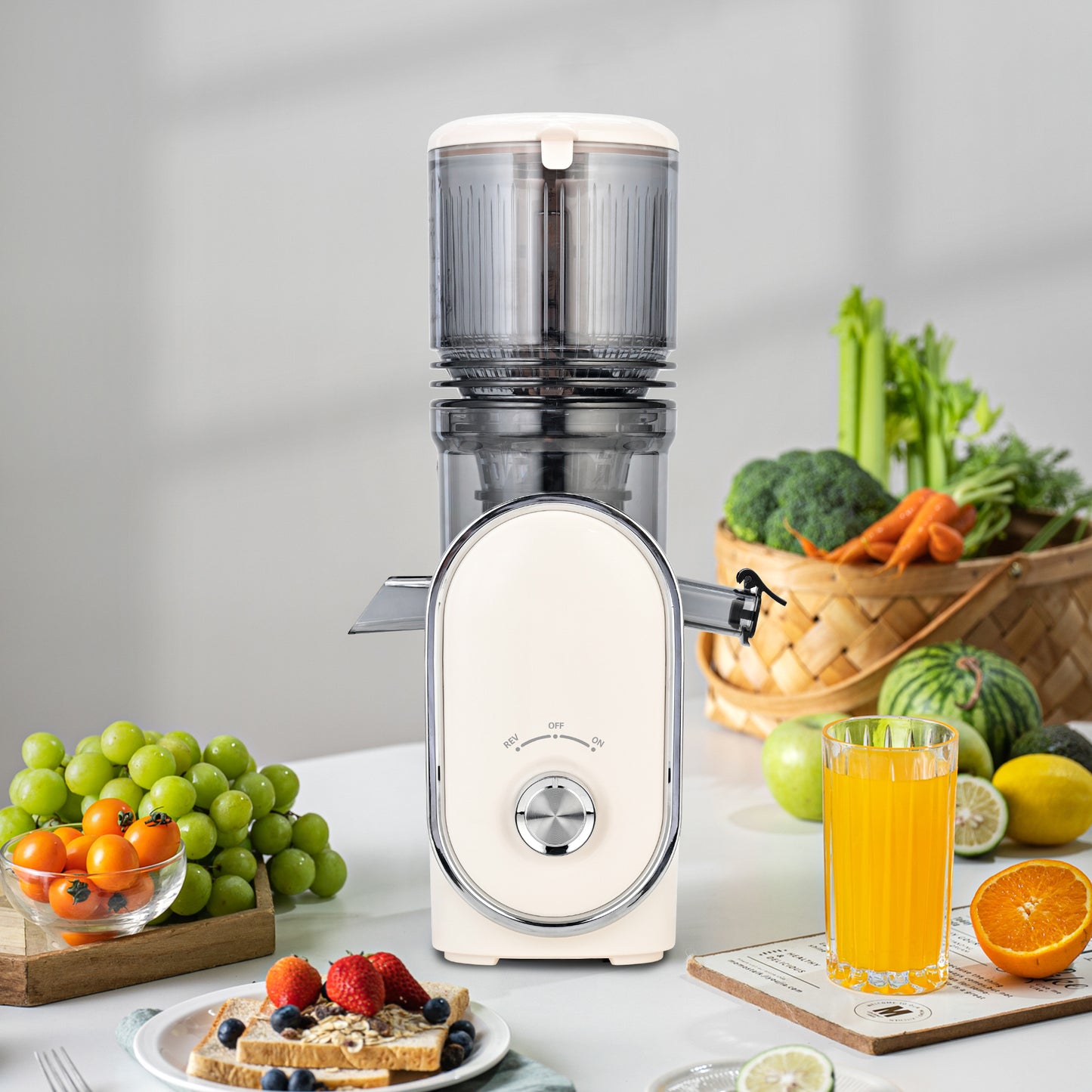 Pukomc Slow Juicer - 300W Cold Press Juicer with 5.3" Wide Chute, One-Touch Operation & Auto Stop, High Juice Yield, Easy Clean, Includes Juice & Pulp Cups