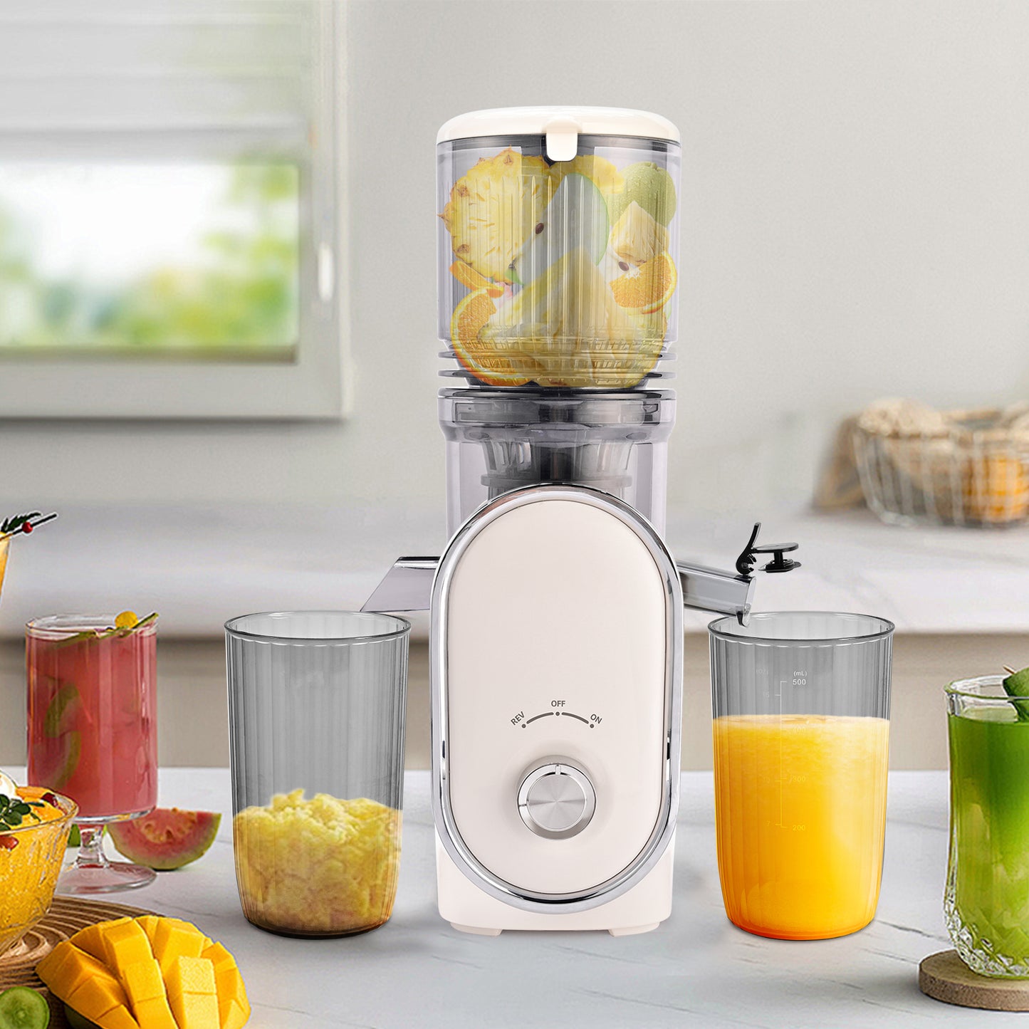 Pukomc Slow Juicer - 300W Cold Press Juicer with 5.3" Wide Chute, One-Touch Operation & Auto Stop, High Juice Yield, Easy Clean, Includes Juice & Pulp Cups