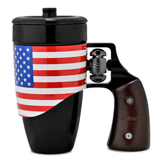Pukomc Coffee Cup with Rotatable Wooden Handle, Ceramic Leak-Proof and Scalding-Proof Cup, 16 Ounces Beverage Drinkware Glass Reusable Reuse（Flag）